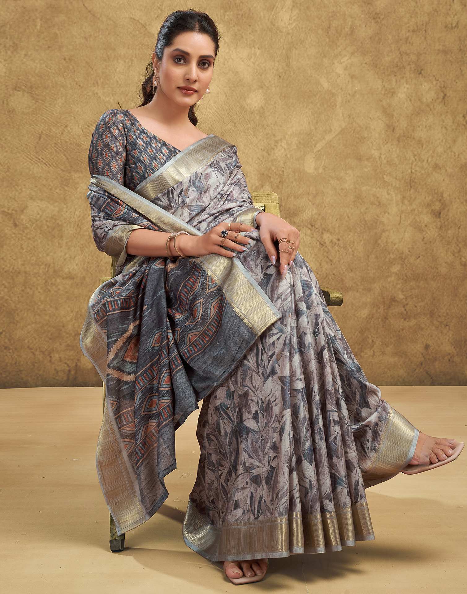 Grey Printed Chanderi Saree