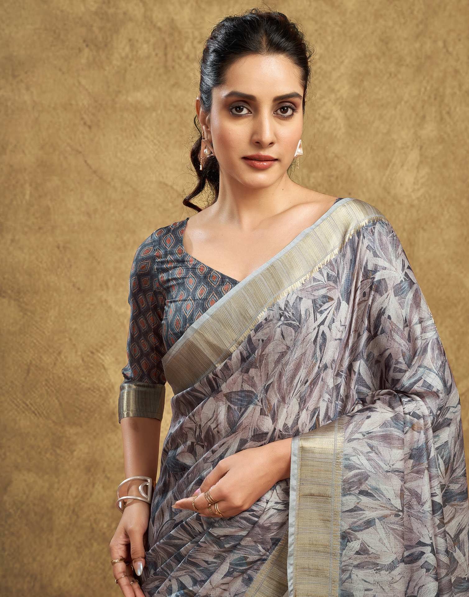 Grey Printed Chanderi Saree