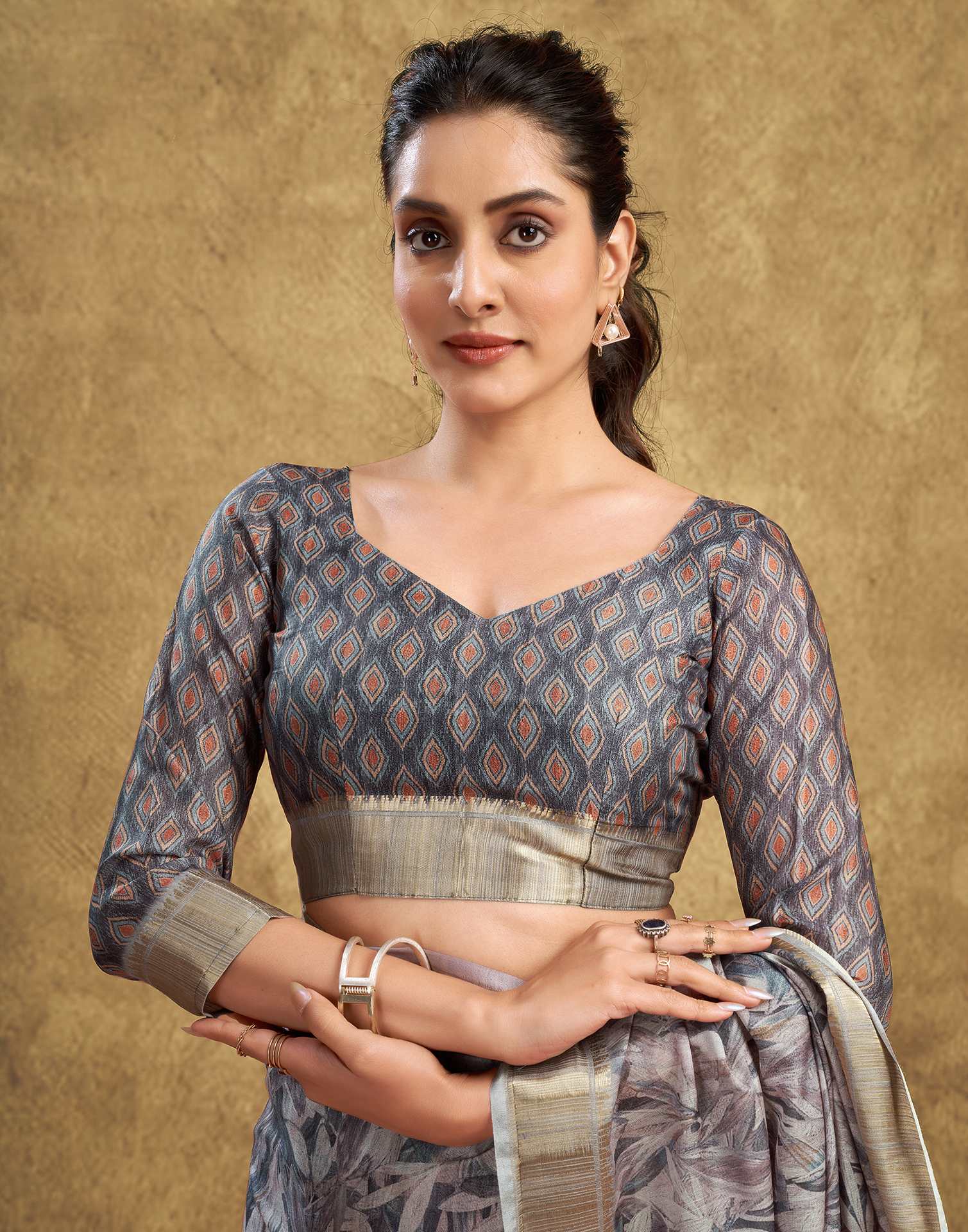 Grey Printed Chanderi Saree