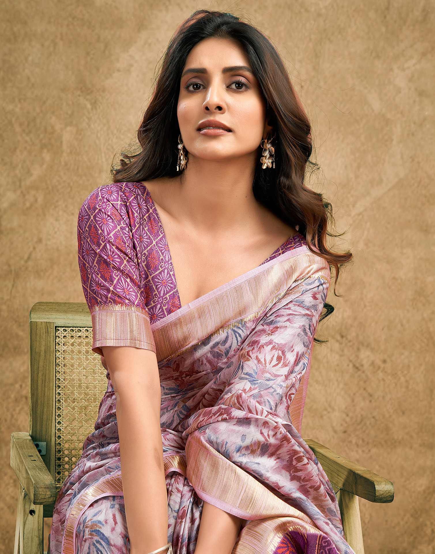Grape Purple Printed Chanderi Saree