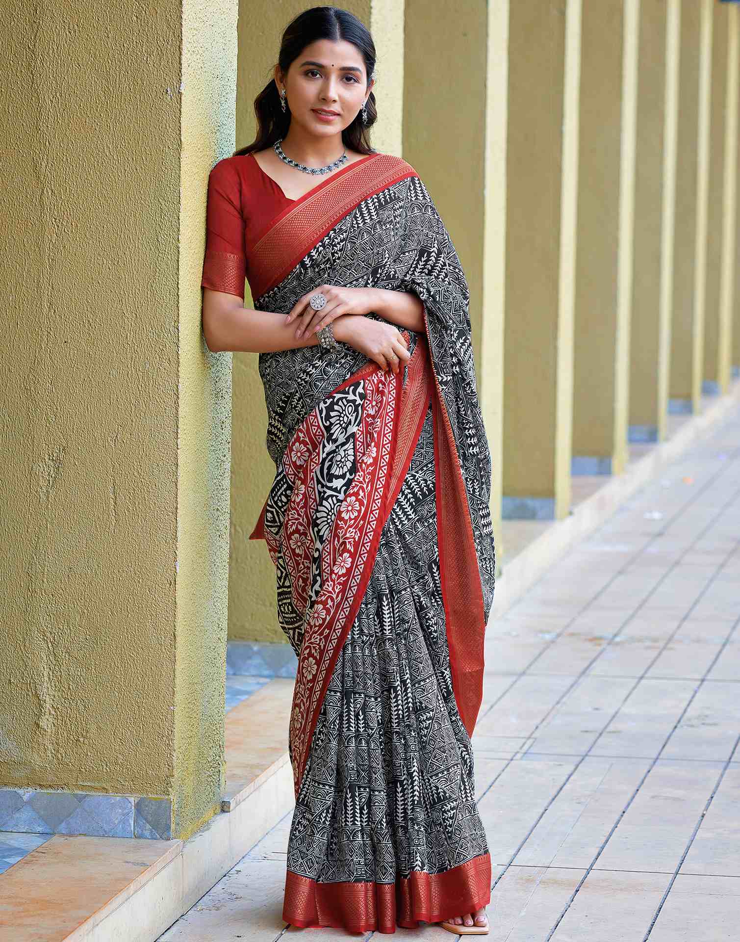 Black Printed Cotton Blend Saree
