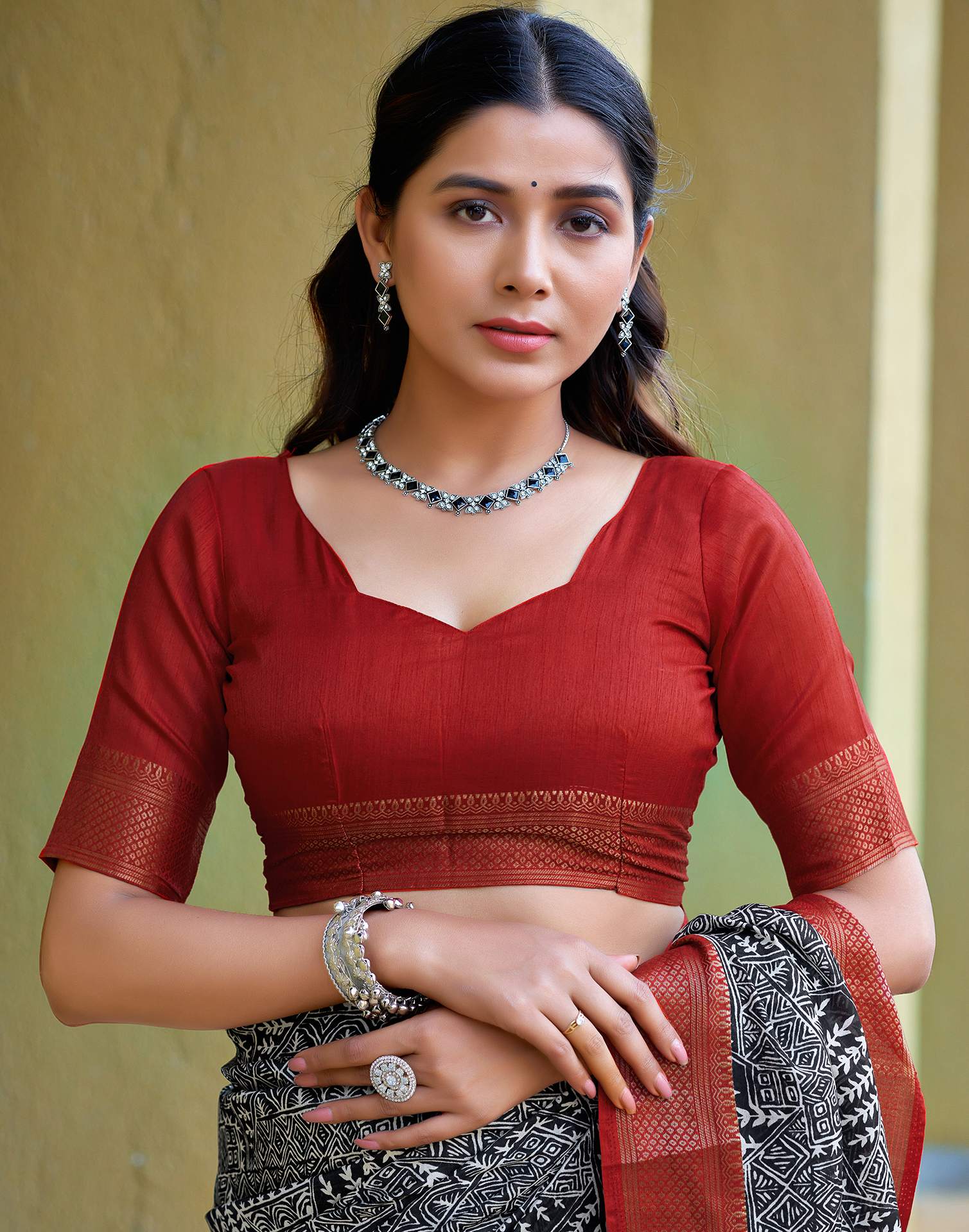 Black Printed Cotton Blend Saree