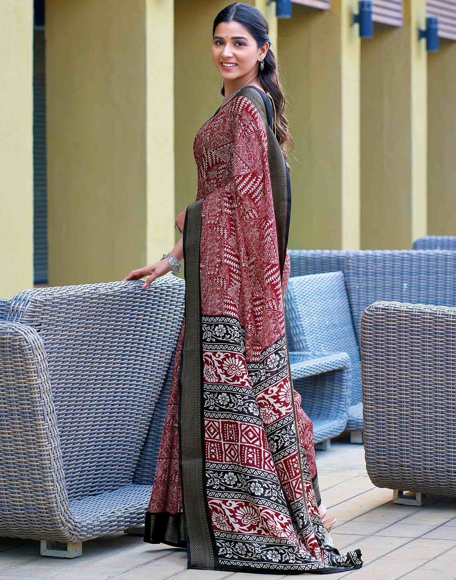 Maroon Printed Cotton Blend Saree