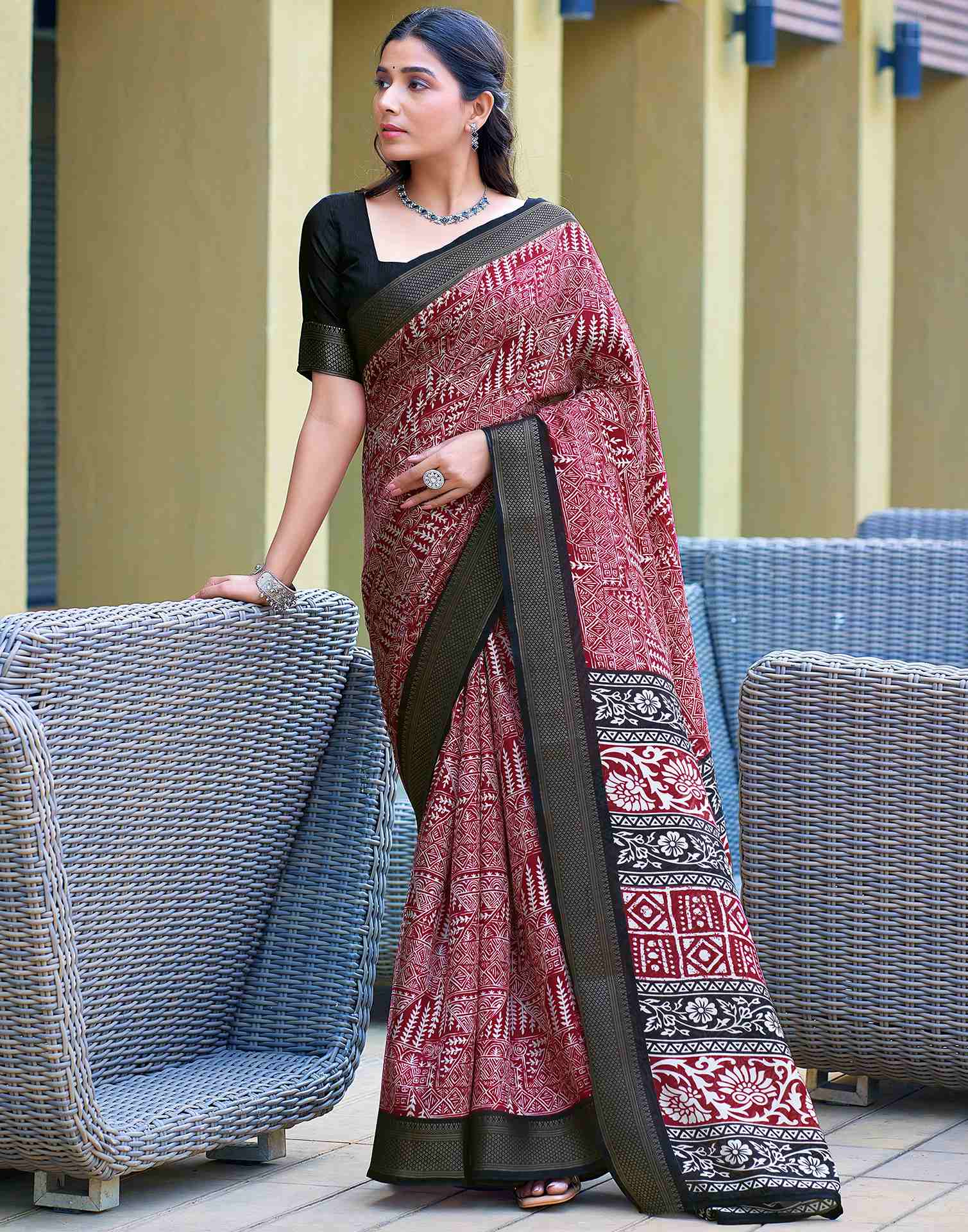Maroon Printed Cotton Blend Saree