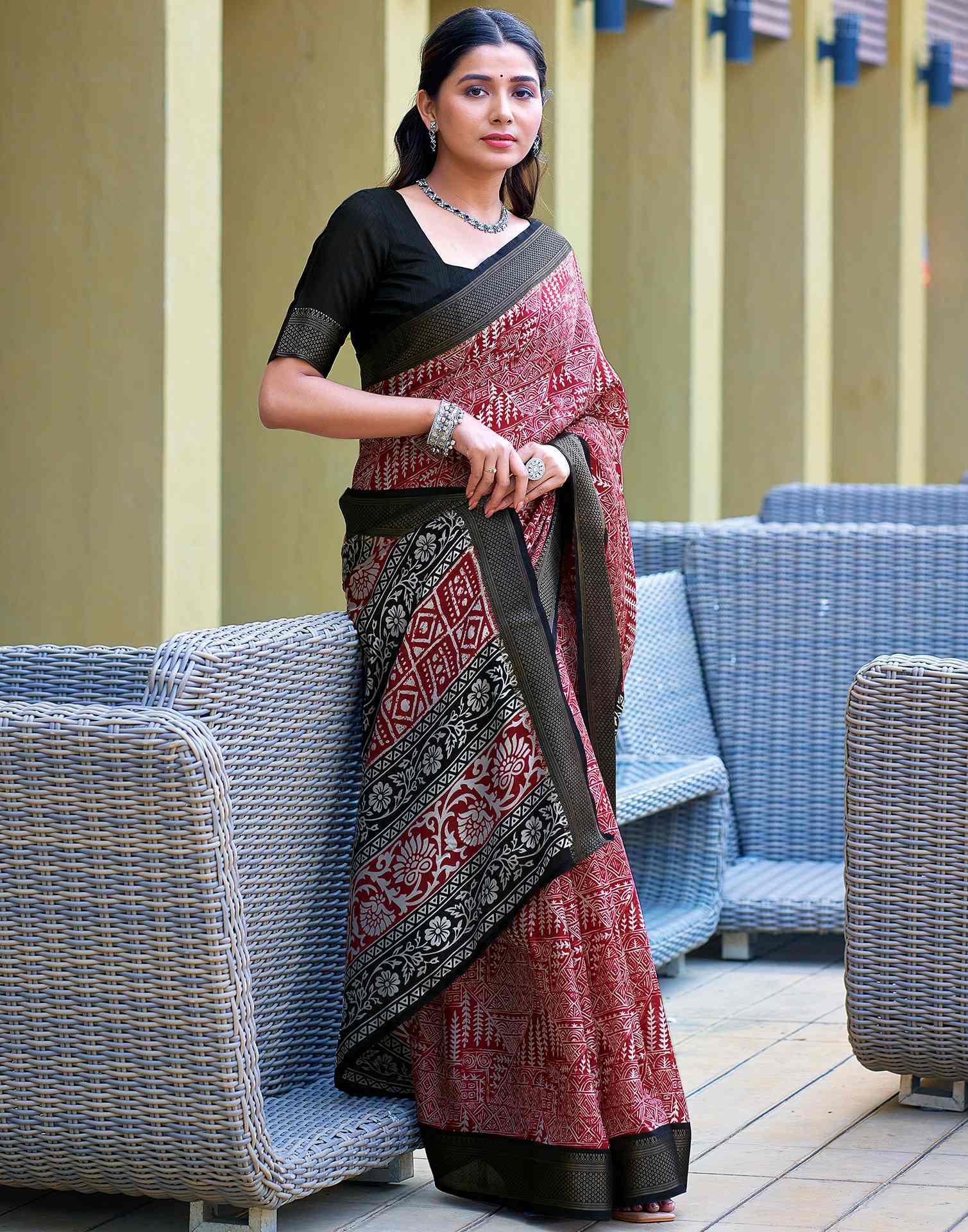 Maroon Printed Cotton Blend Saree