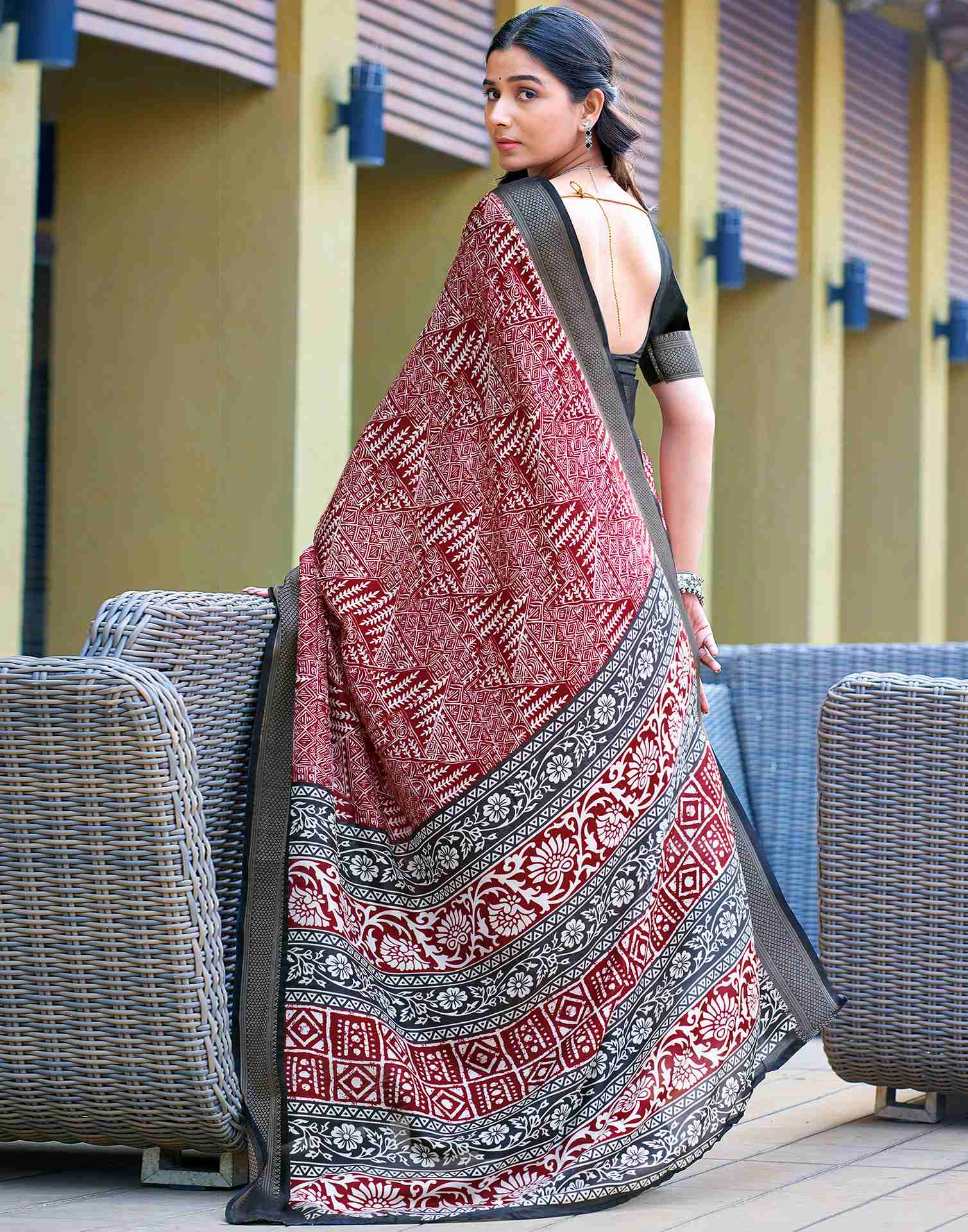 Maroon Printed Cotton Blend Saree