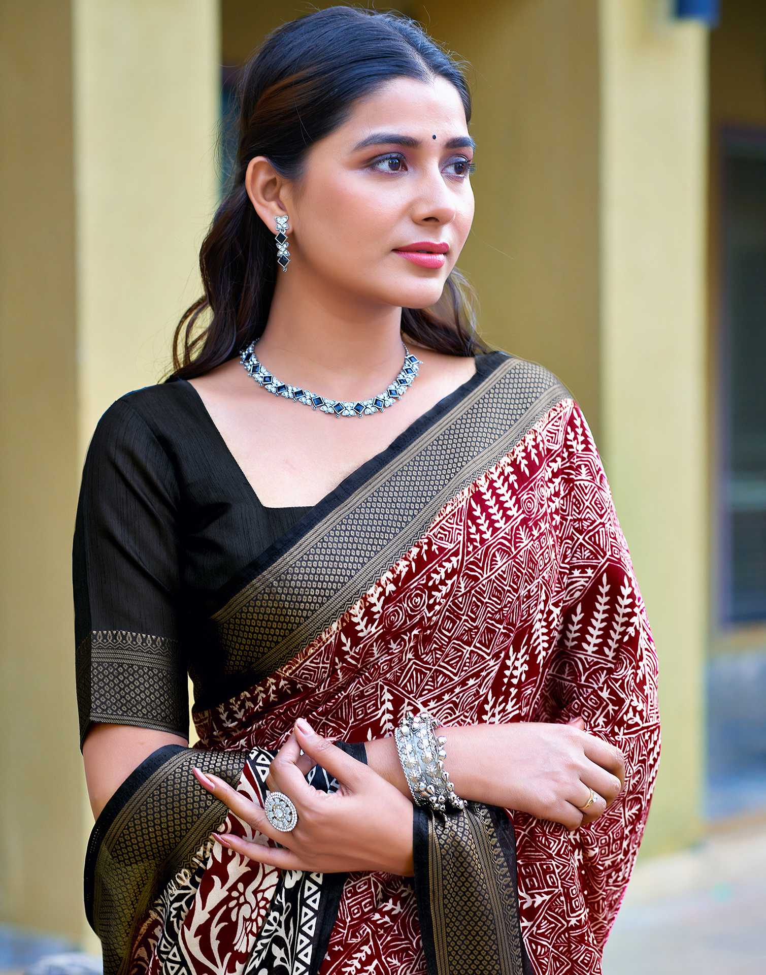 Maroon Printed Cotton Blend Saree