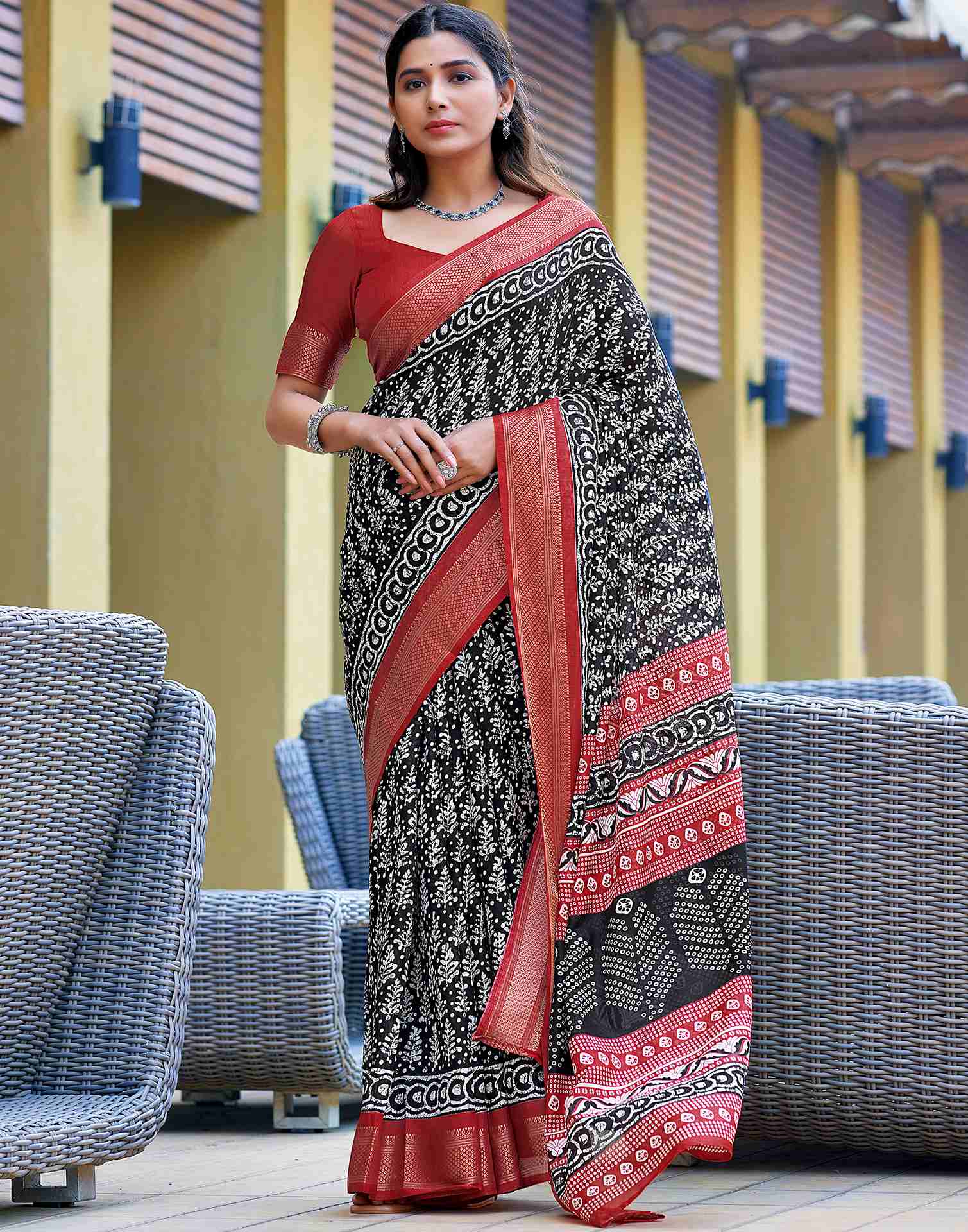 Black Printed Cotton Blend Saree