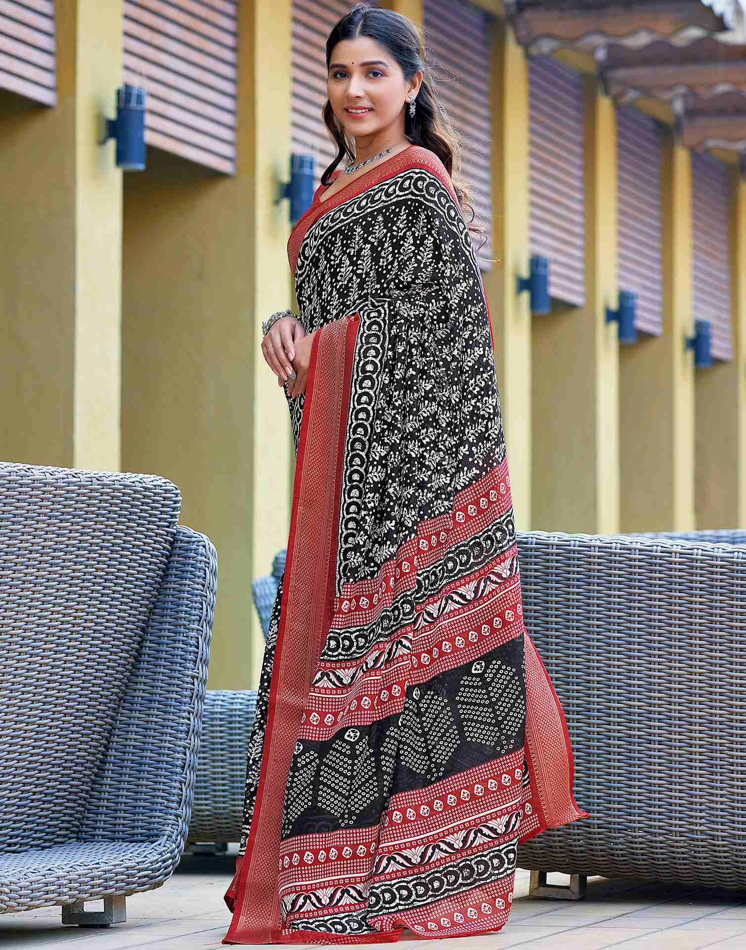 Black Printed Cotton Blend Saree