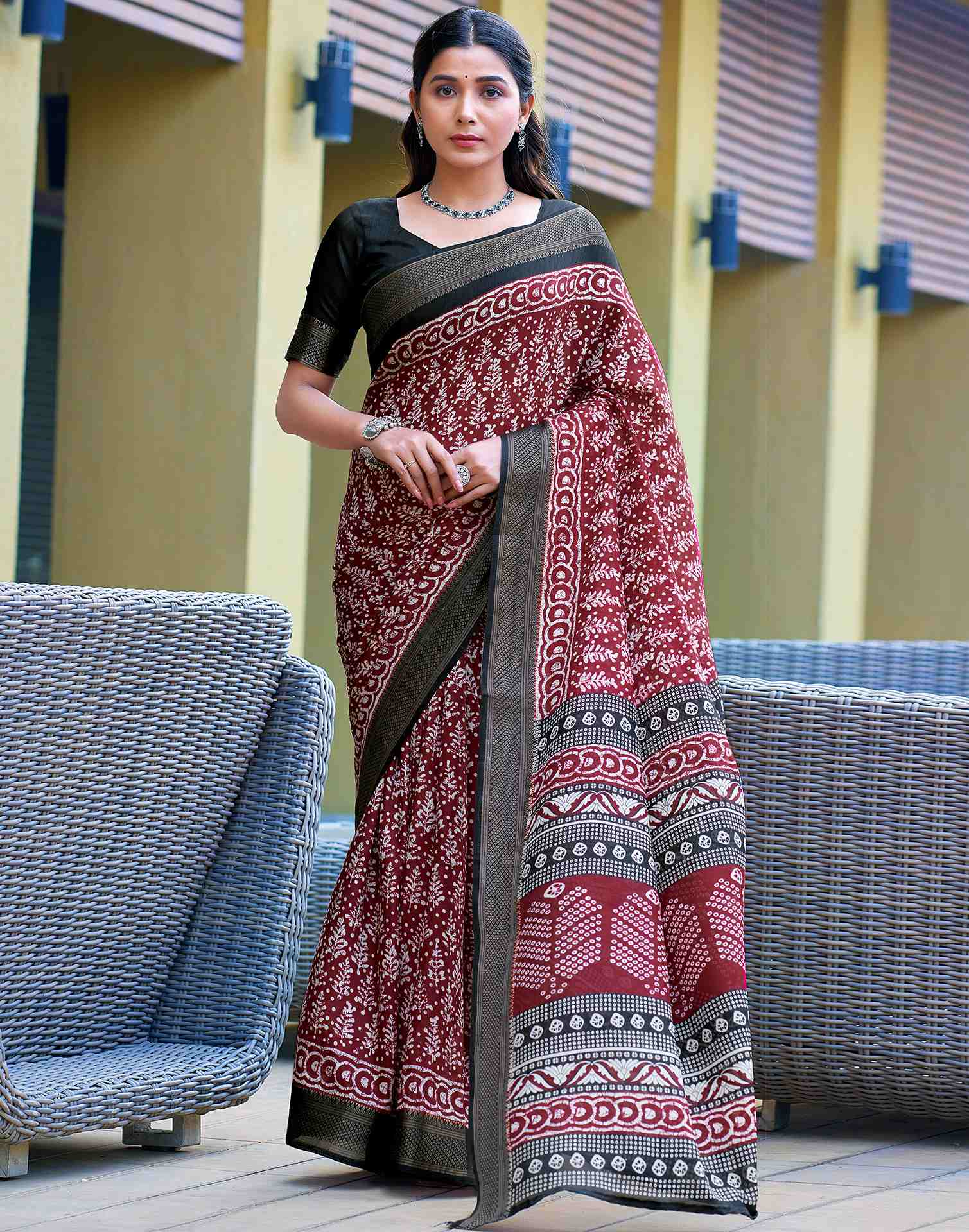 Maroon Printed Cotton Blend Saree