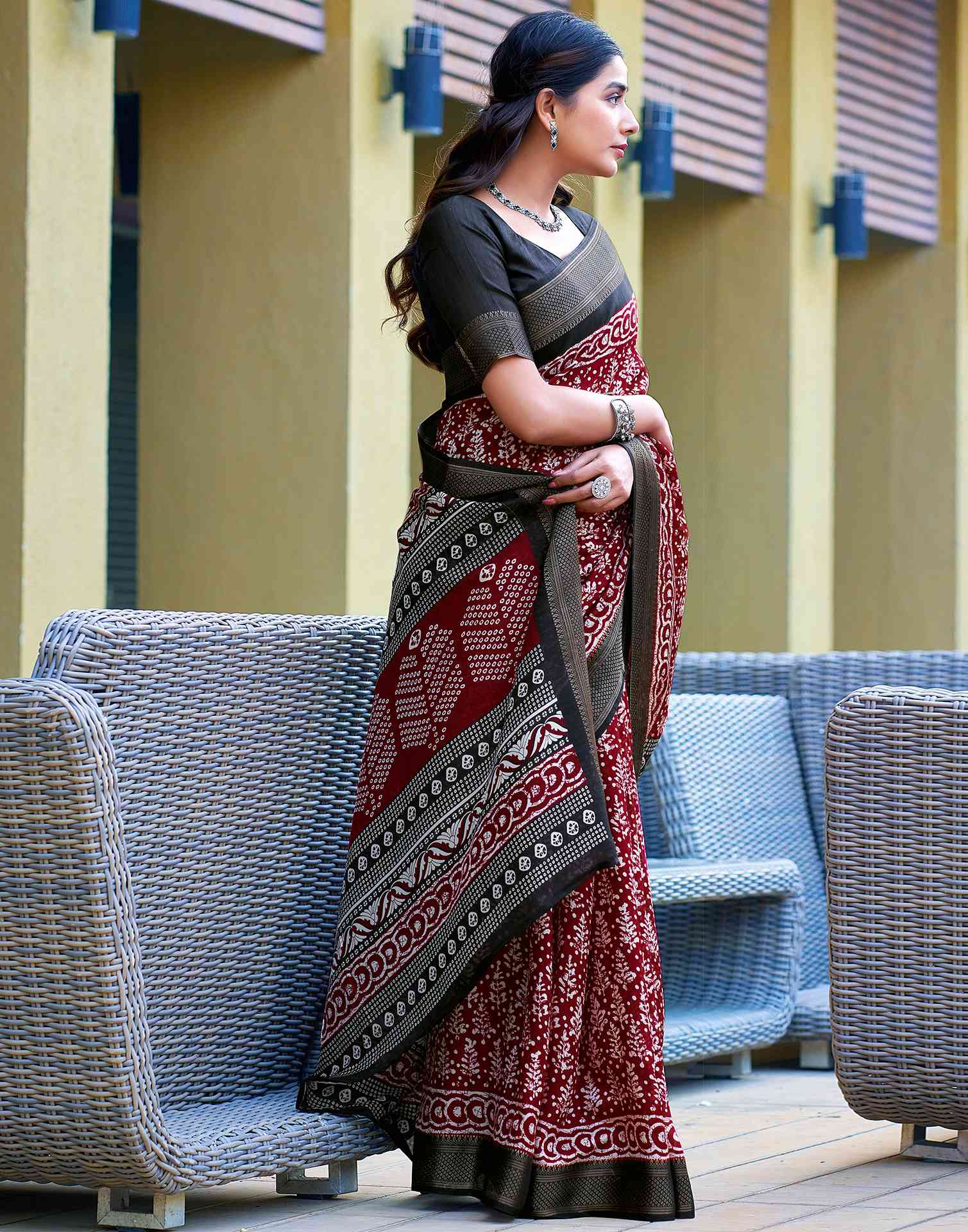 Maroon Printed Cotton Blend Saree