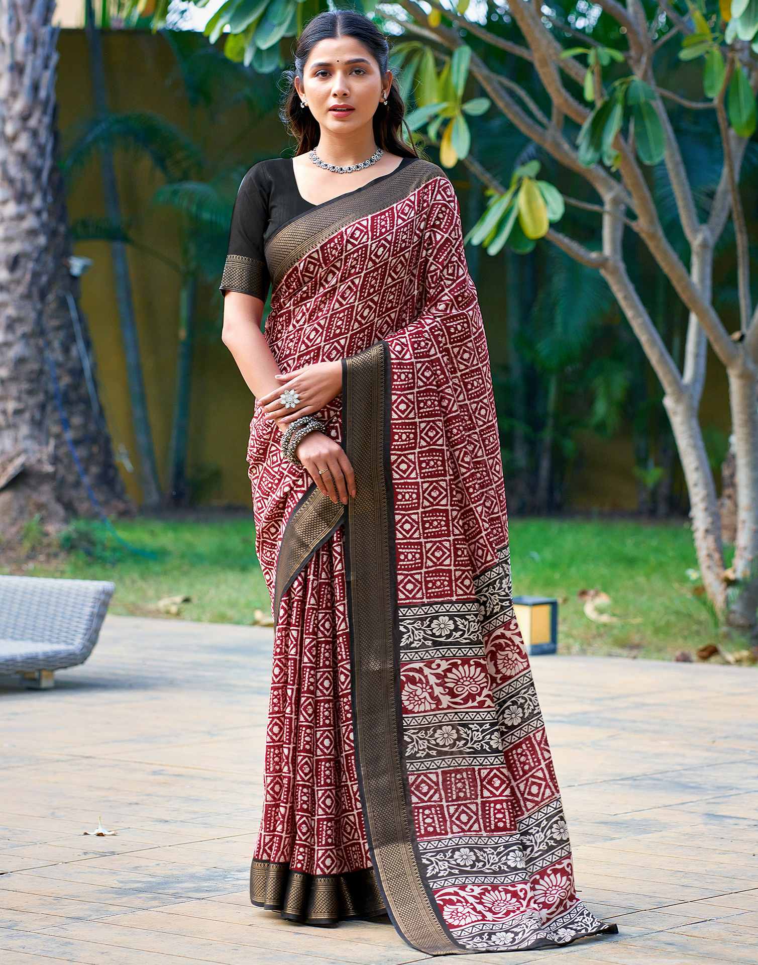 Maroon Printed Cotton Blend Saree