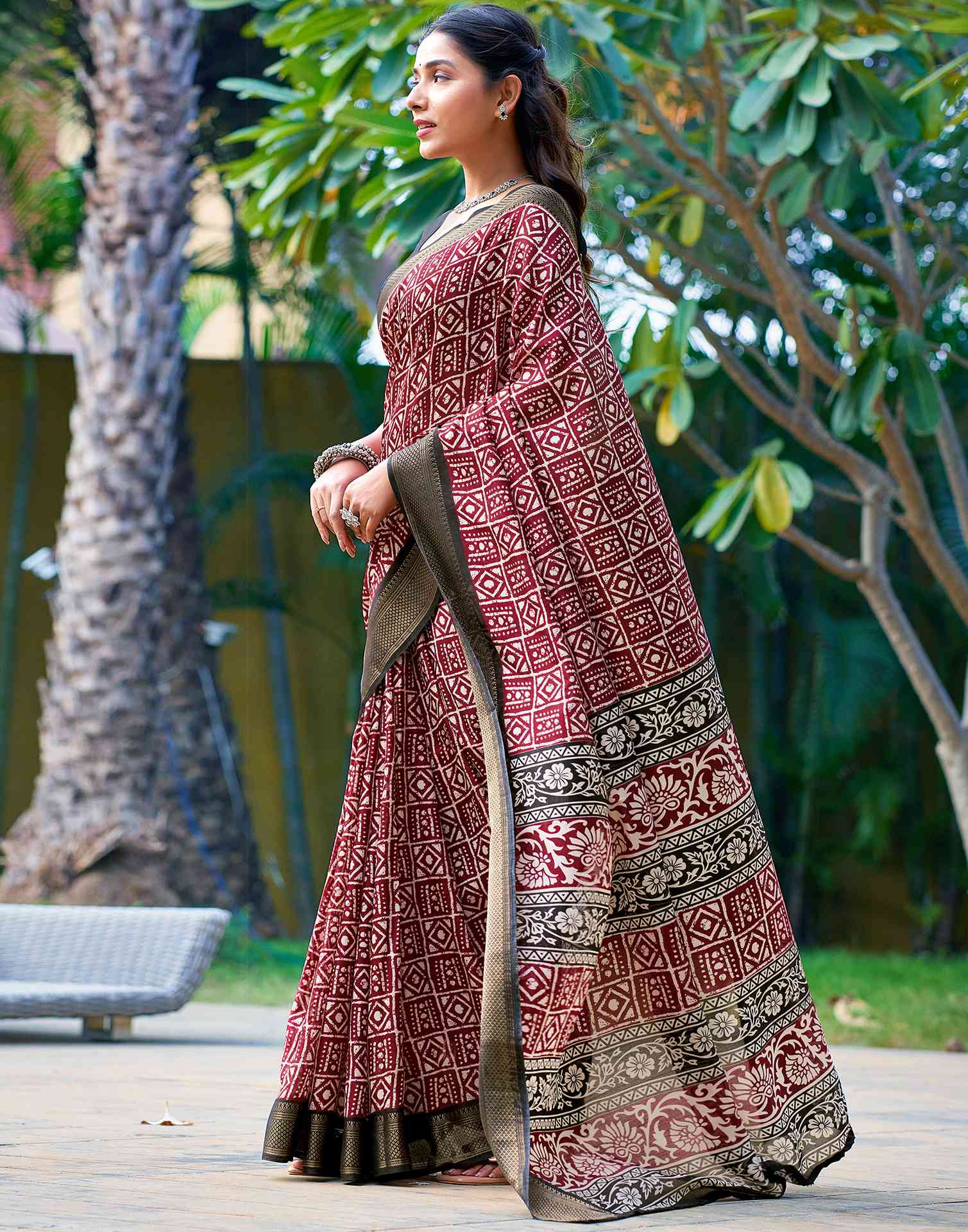 Maroon Printed Cotton Blend Saree