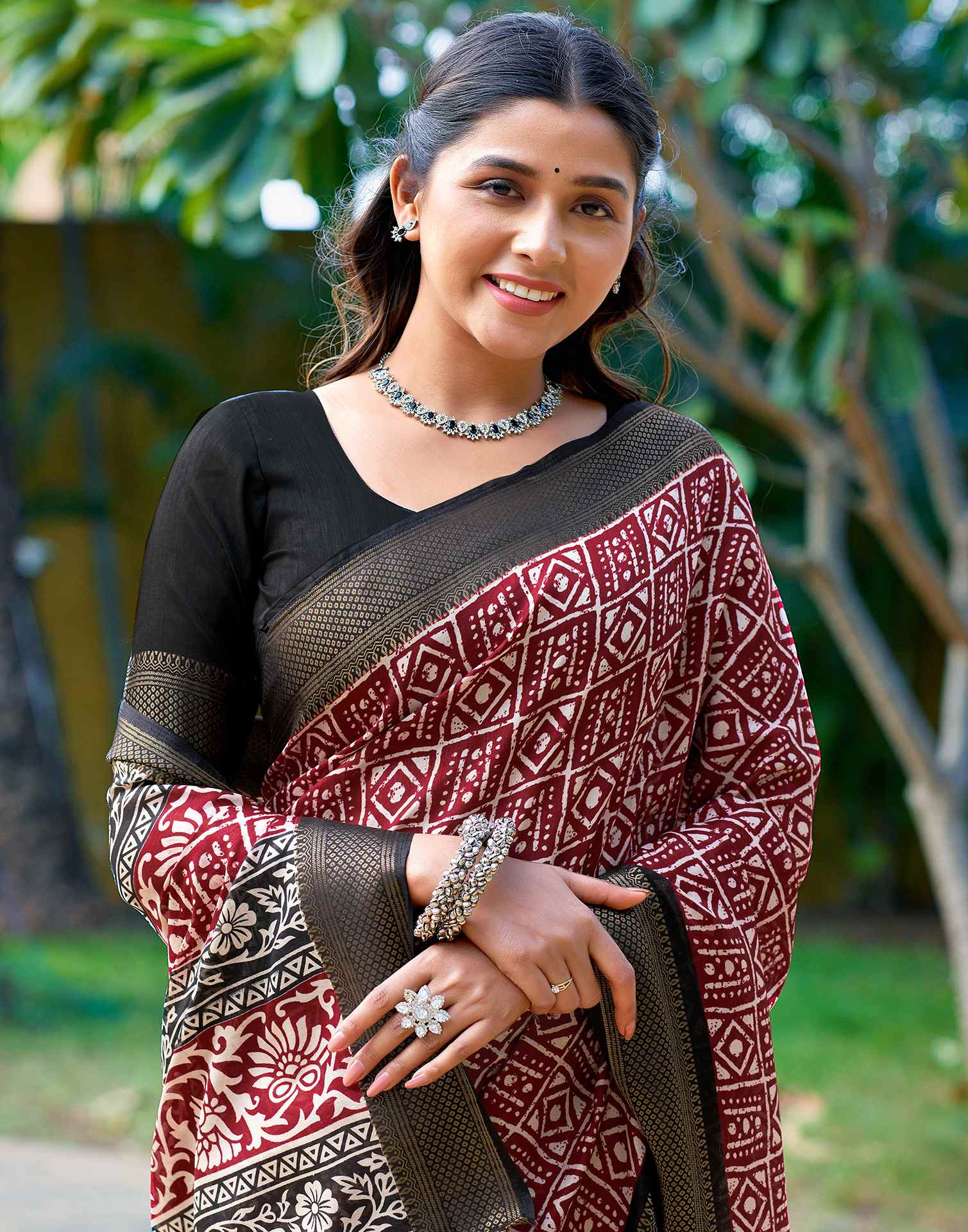 Maroon Printed Cotton Blend Saree