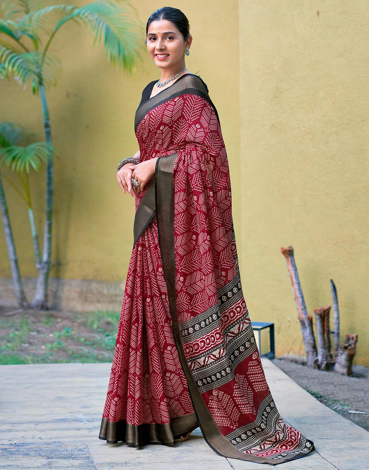 Maroon Bandhani Printed Cotton Blend Saree