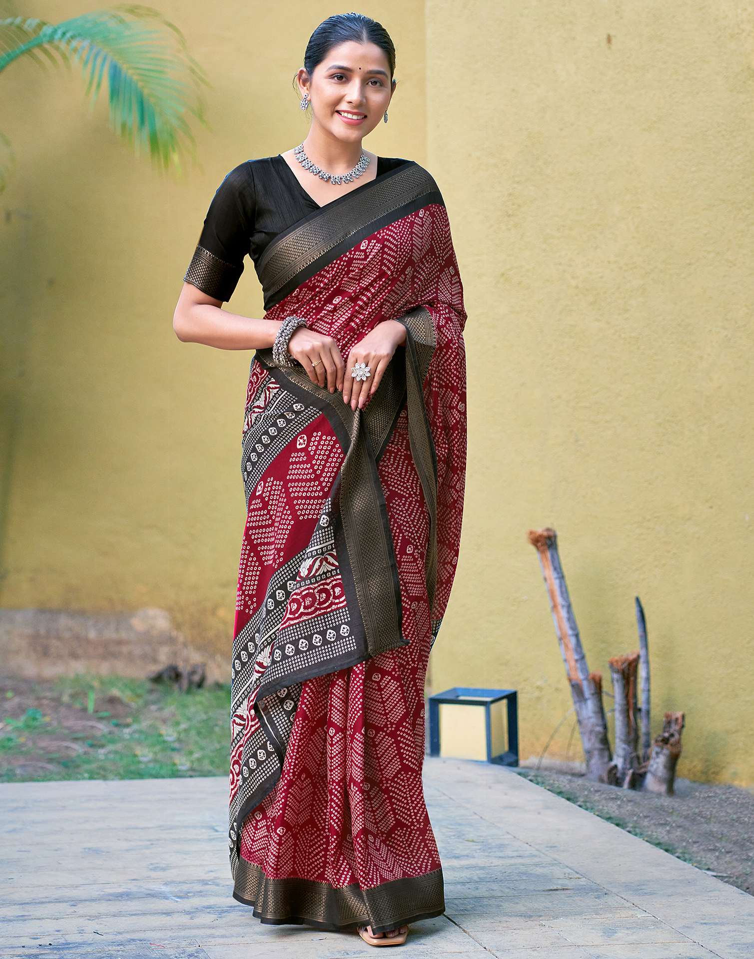 Maroon Bandhani Printed Cotton Blend Saree
