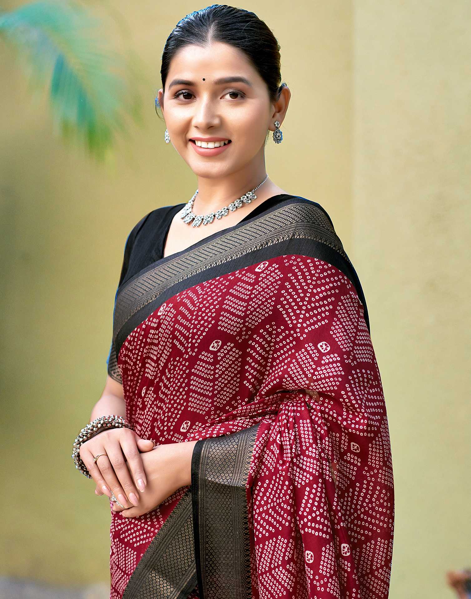 Maroon Bandhani Printed Cotton Blend Saree