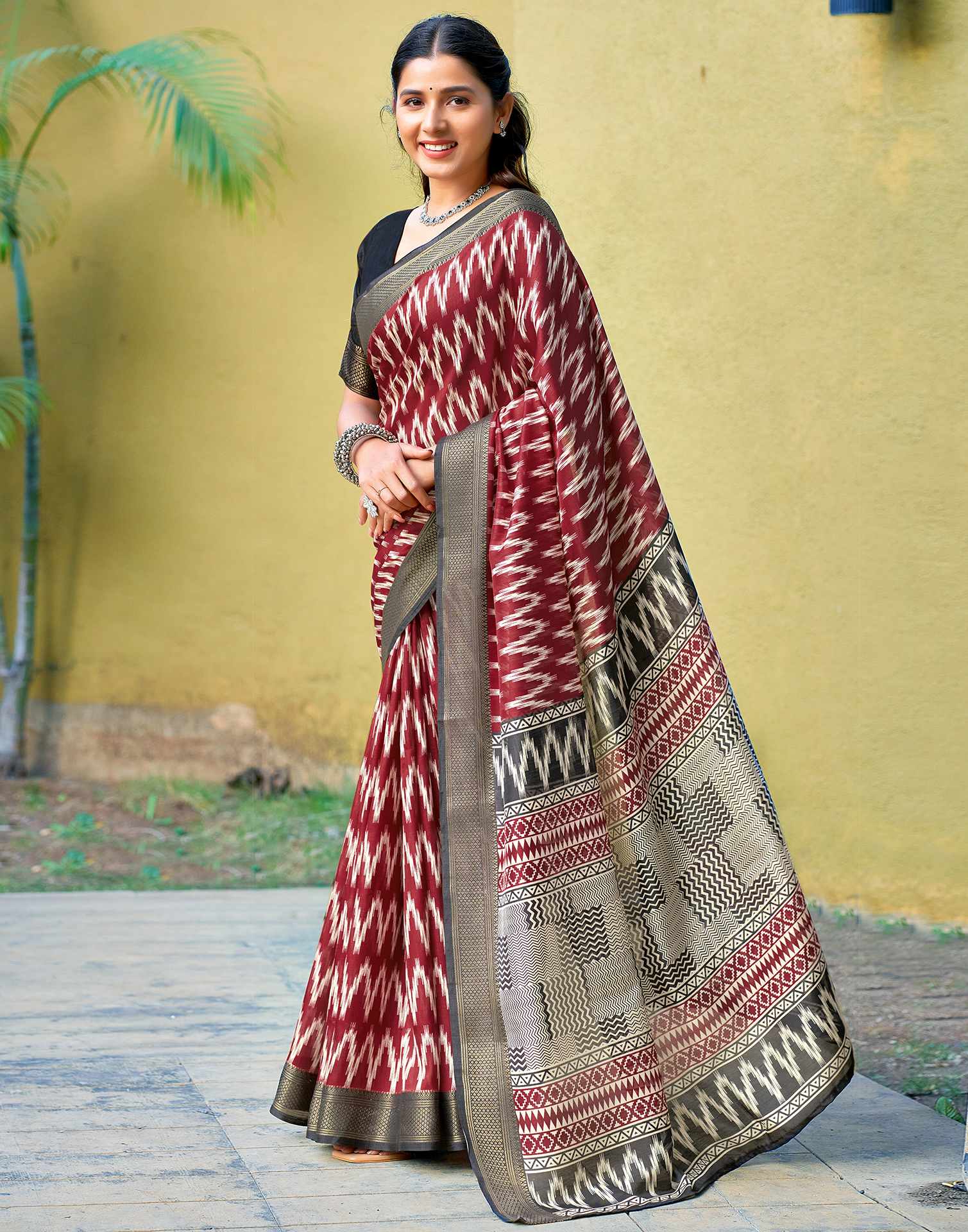 Maroon Printed Cotton Blend Saree