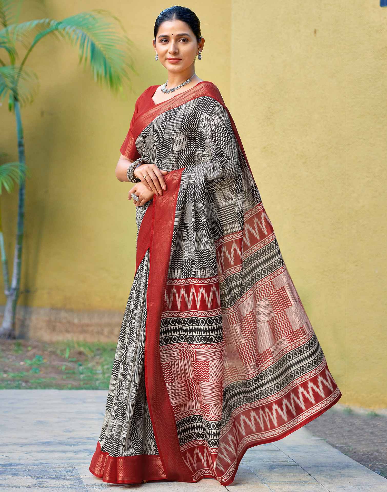 Black Printed Cotton Blend Saree