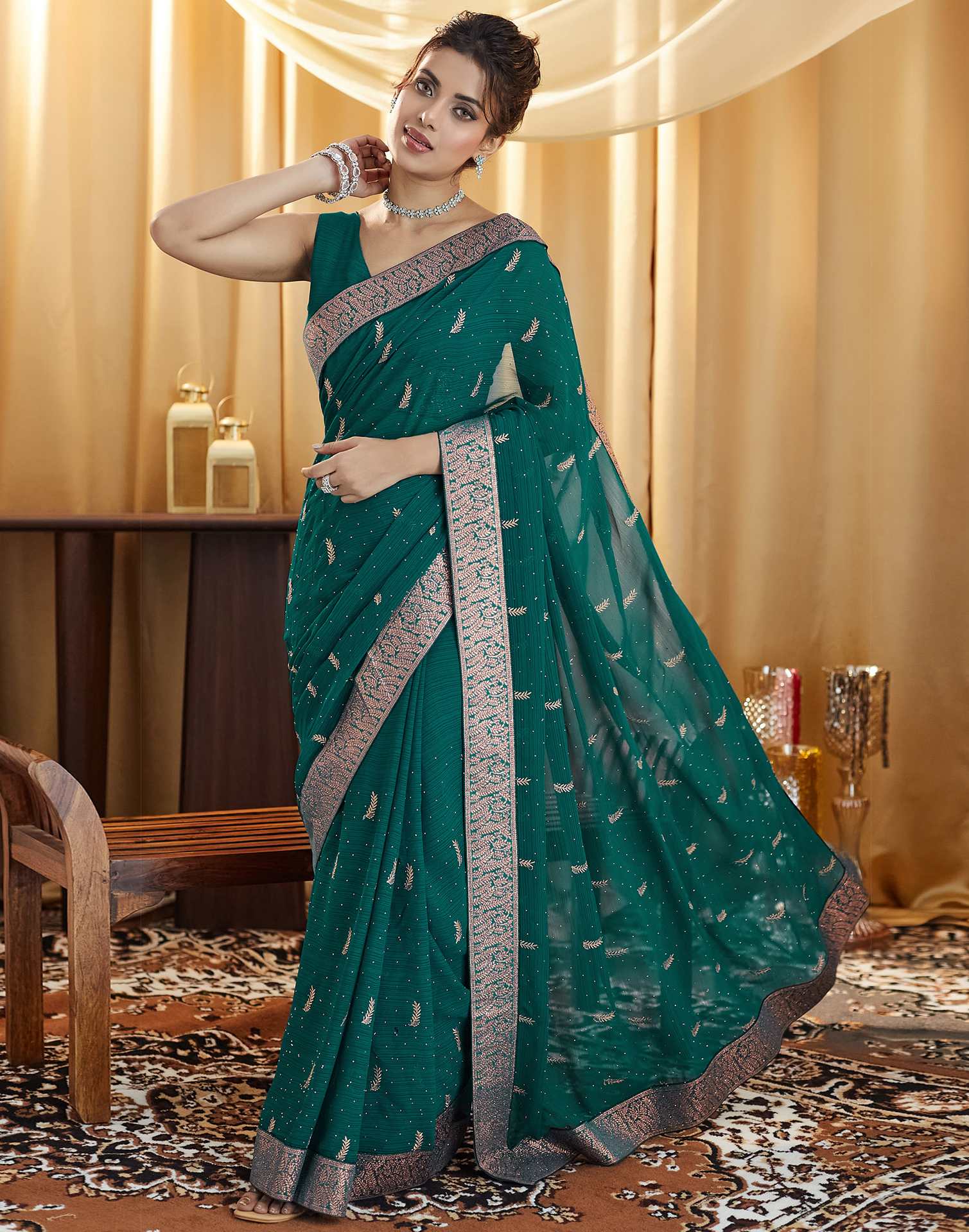 Rama Green Embroidery Georgette Saree