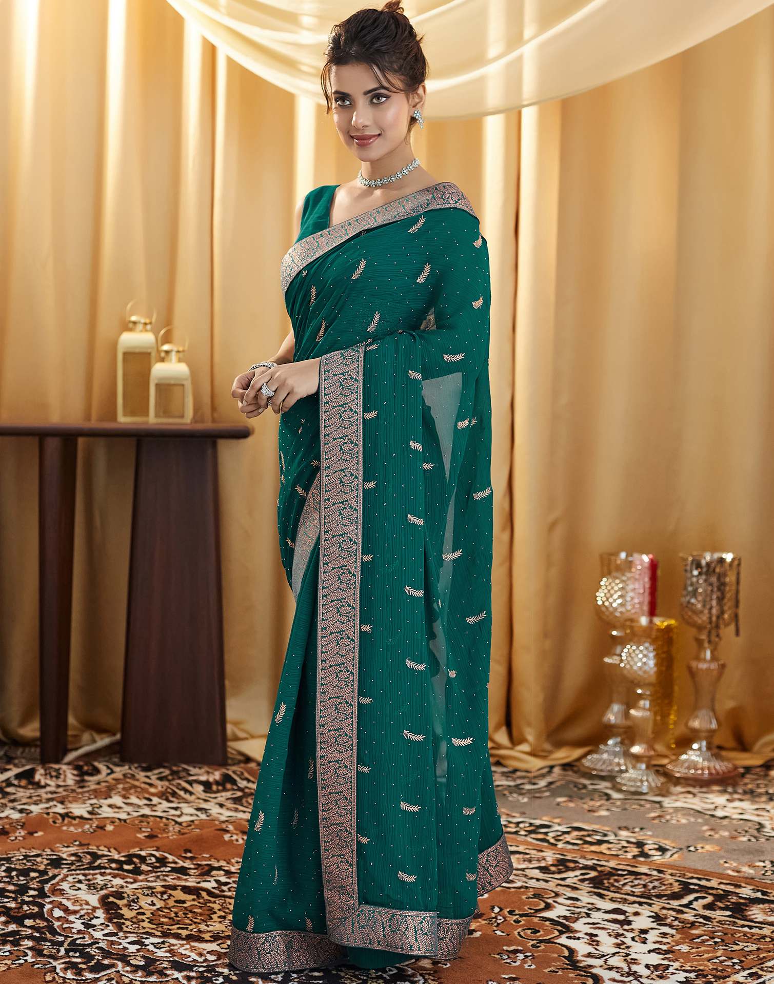 Rama Green Embroidery Georgette Saree