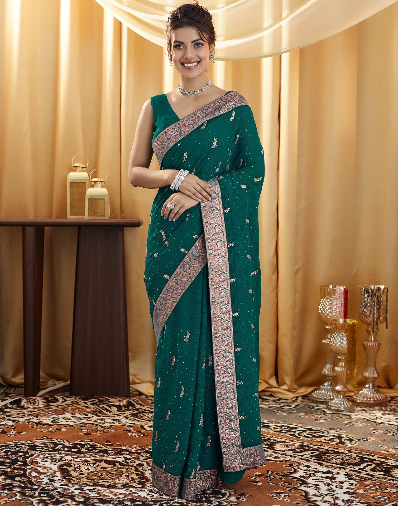 Rama Green Embroidery Georgette Saree