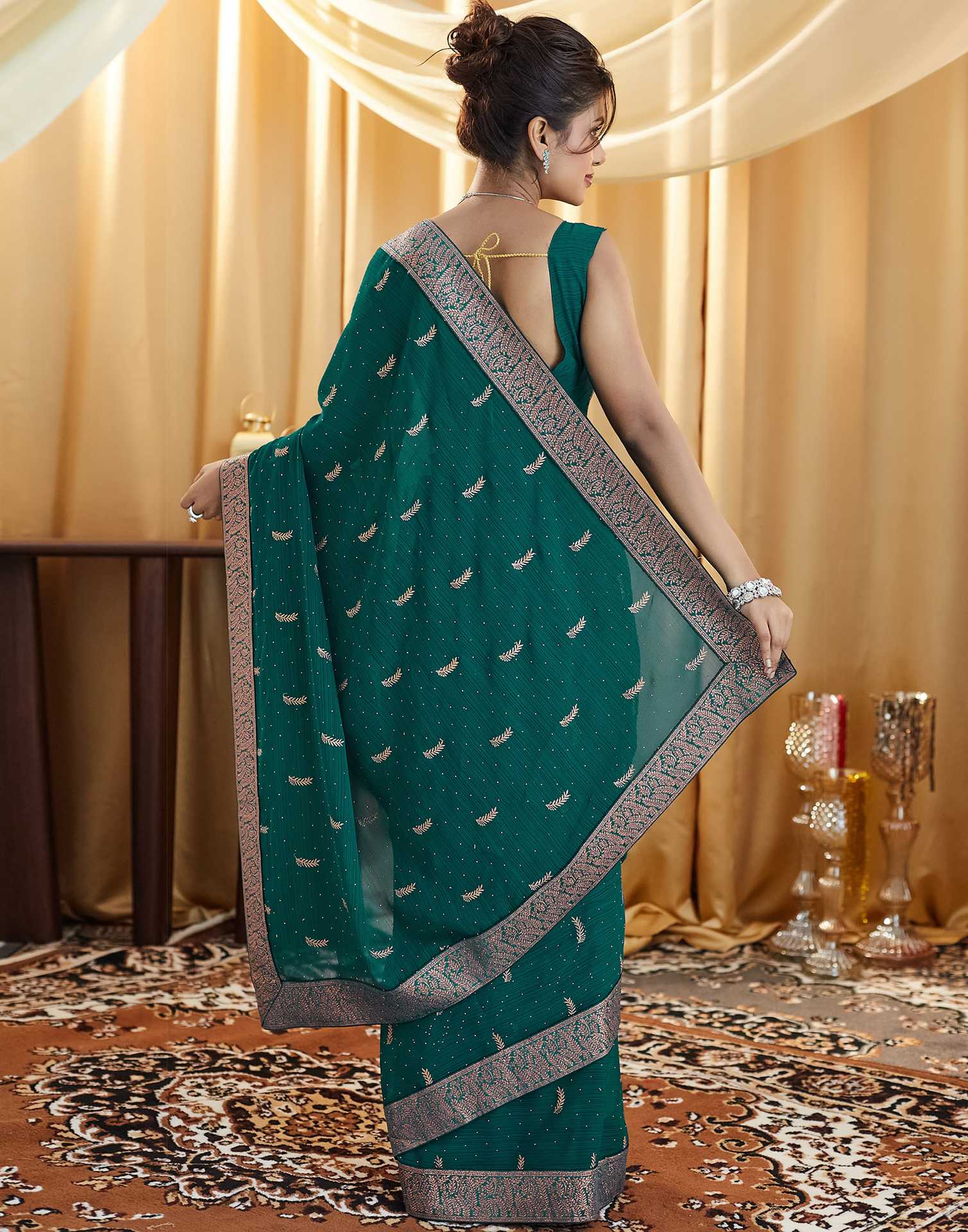 Rama Green Embroidery Georgette Saree