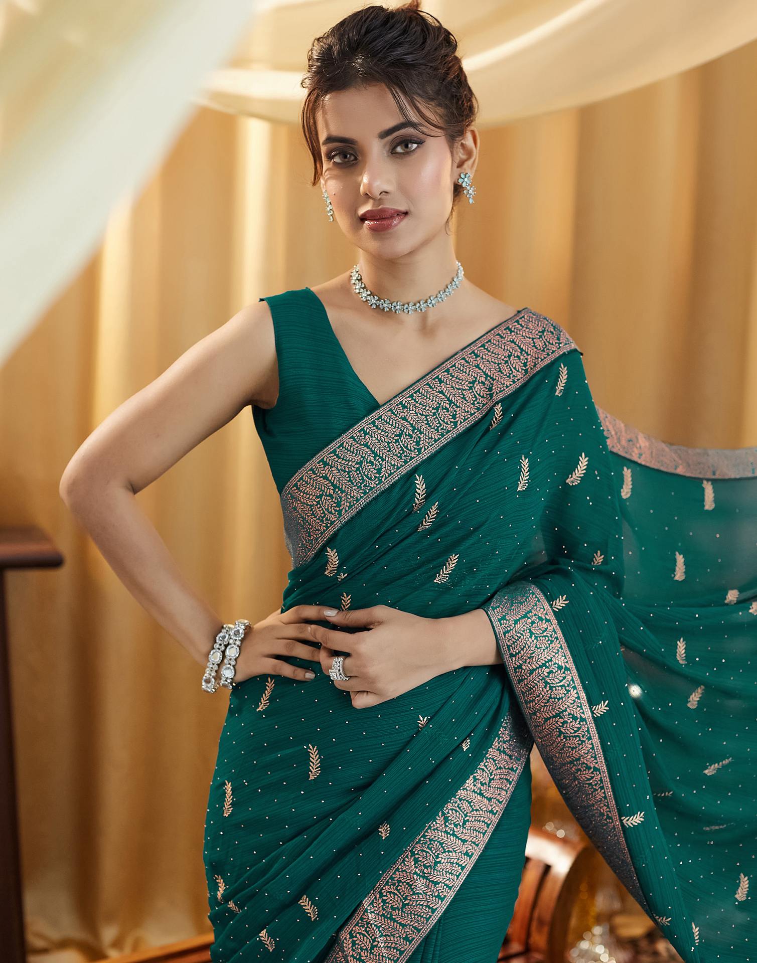 Rama Green Embroidery Georgette Saree