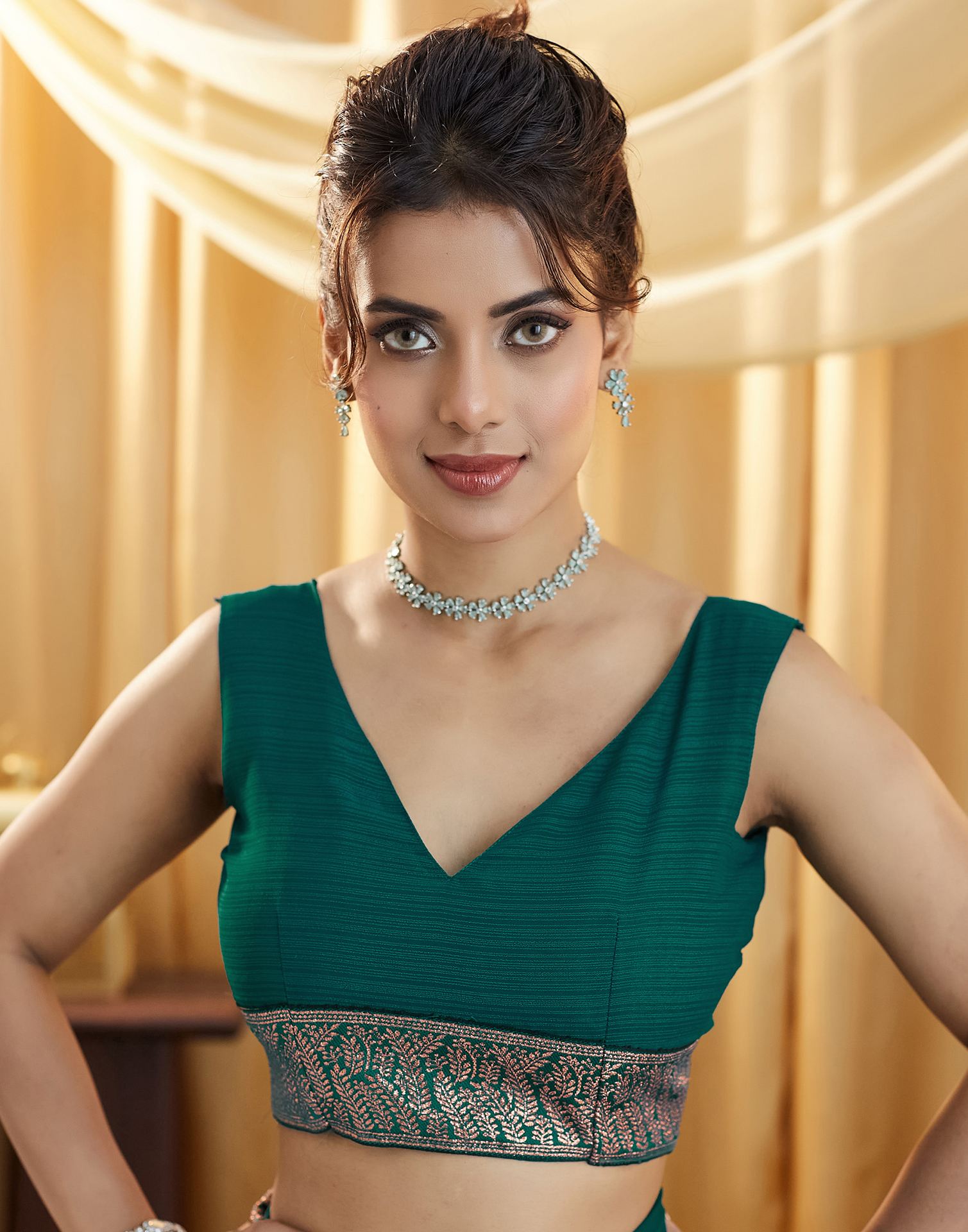 Rama Green Embroidery Georgette Saree