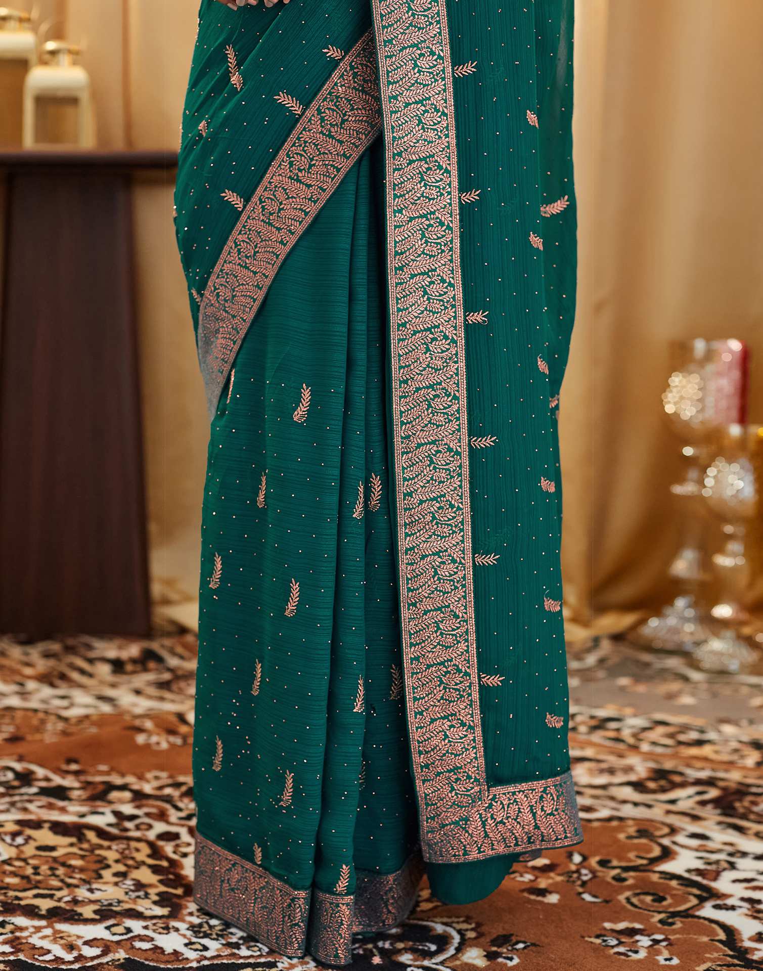 Rama Green Embroidery Georgette Saree
