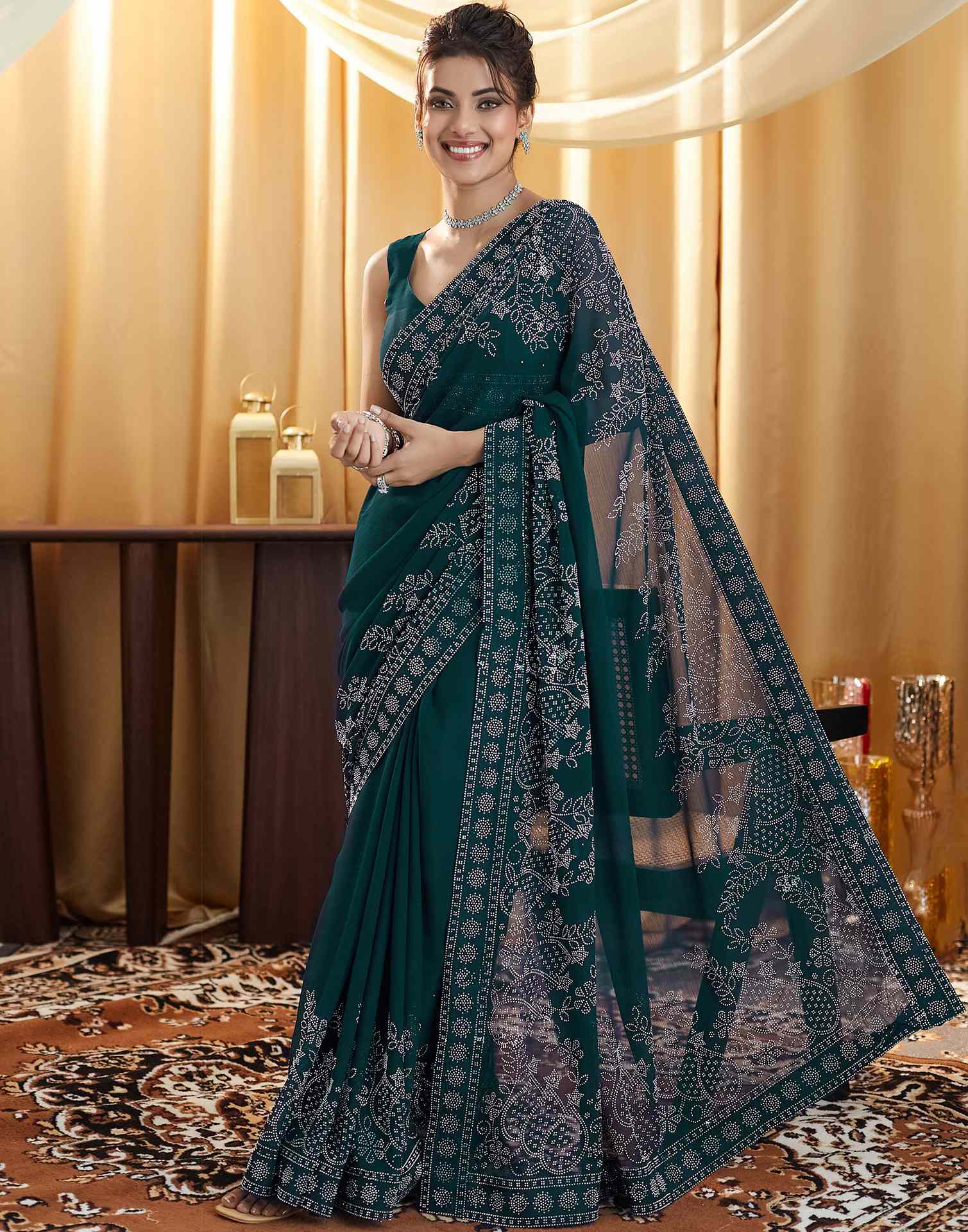 Dark Green Stone Work Georgette Saree