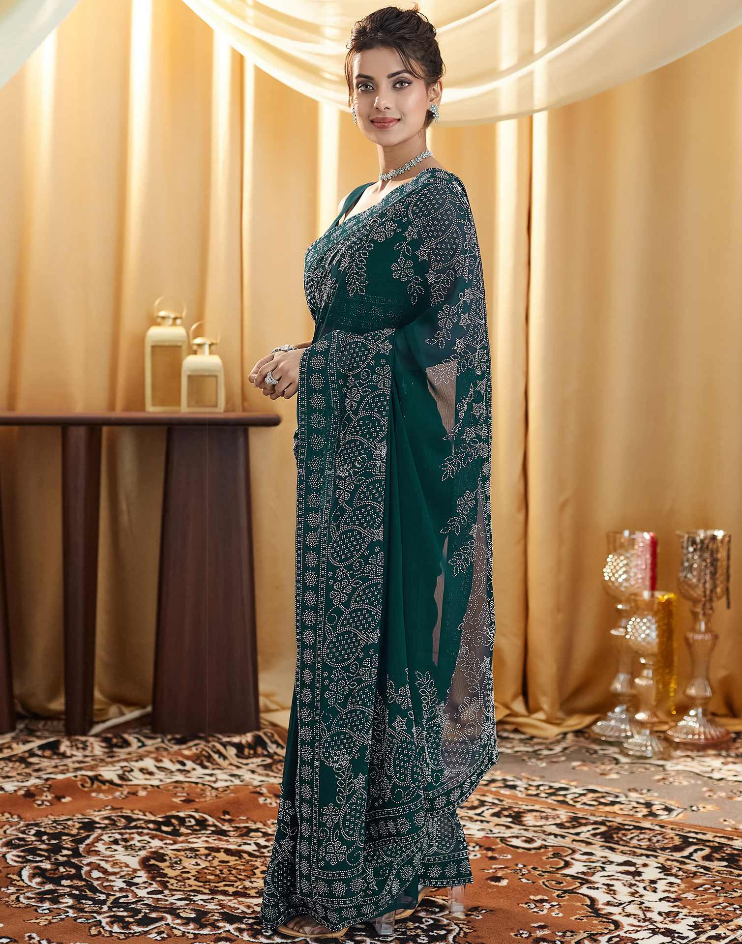 Dark Green Stone Work Georgette Saree