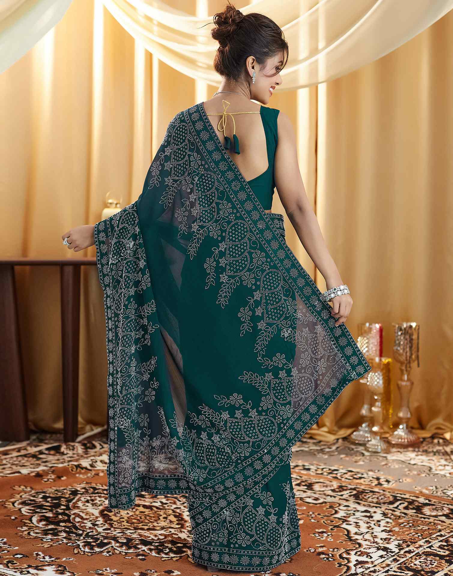 Dark Green Stone Work Georgette Saree