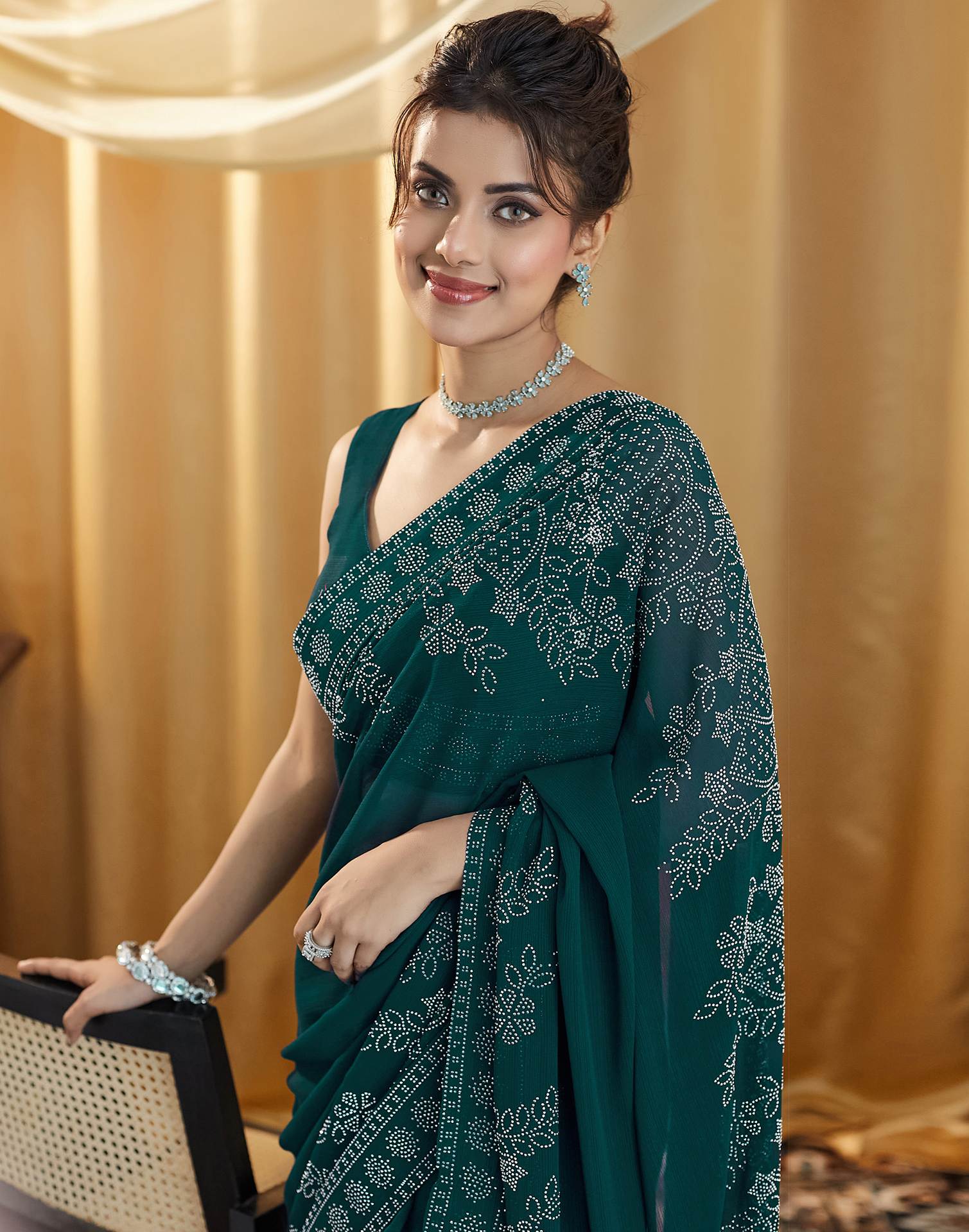 Dark Green Stone Work Georgette Saree