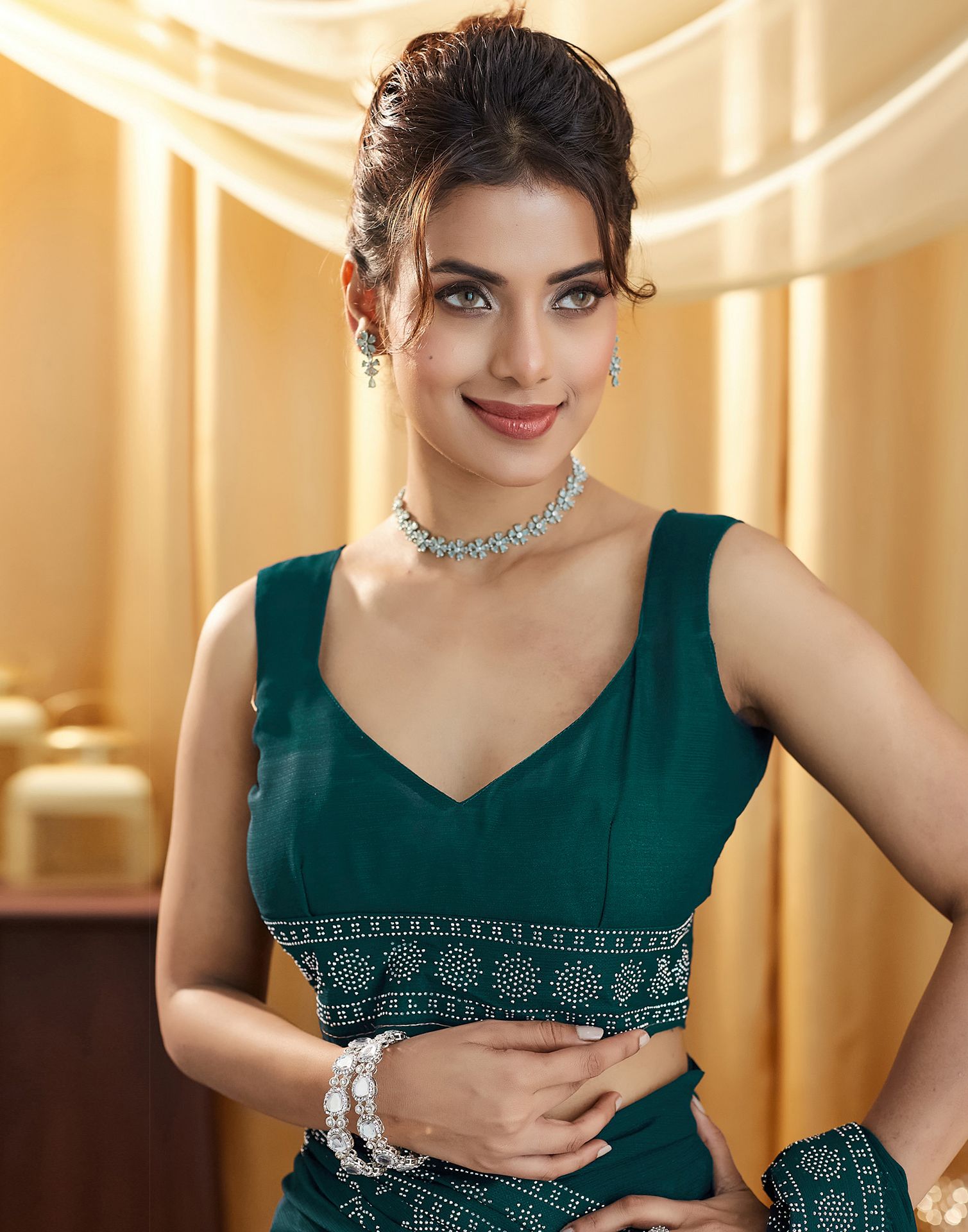 Dark Green Stone Work Georgette Saree