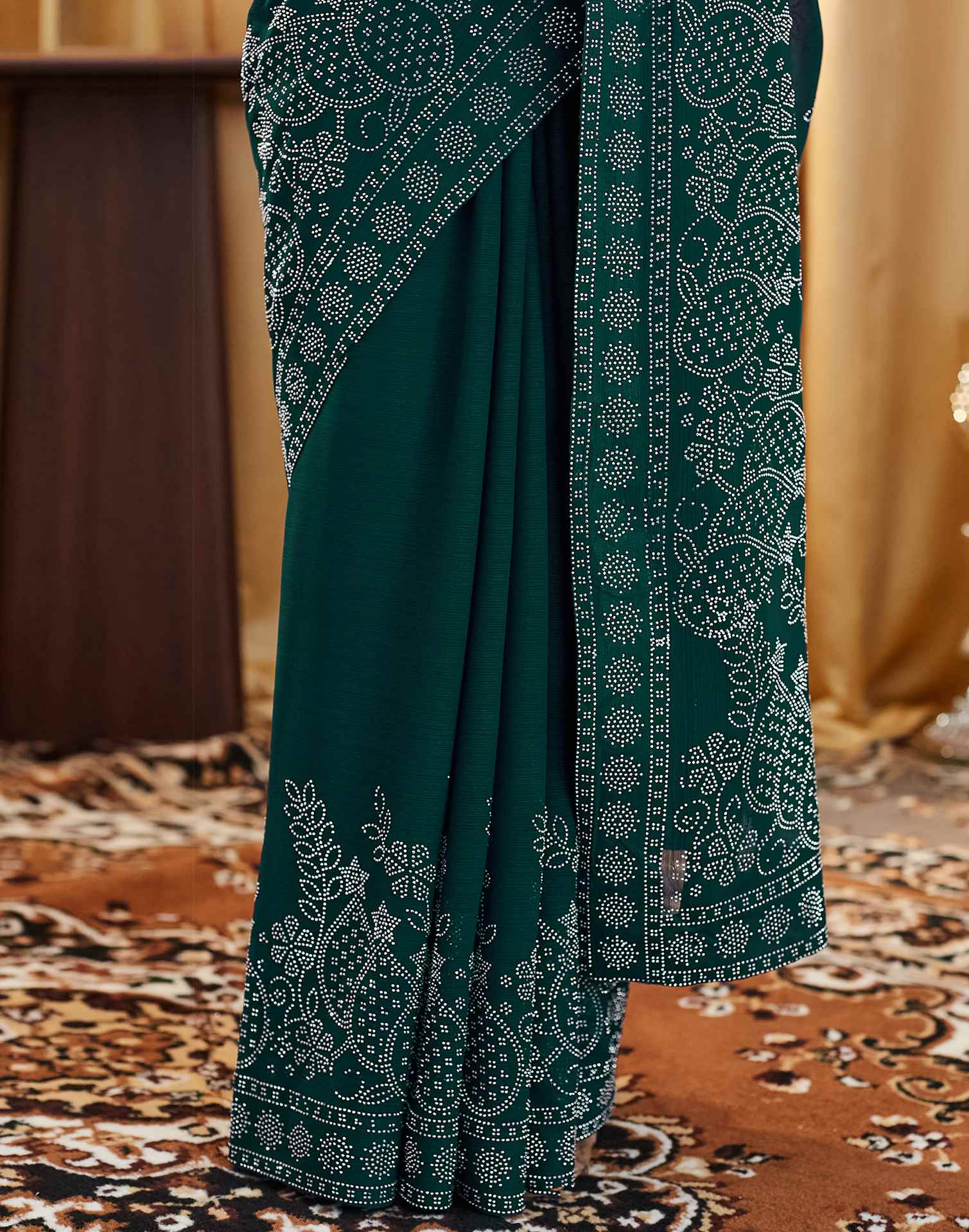 Dark Green Stone Work Georgette Saree