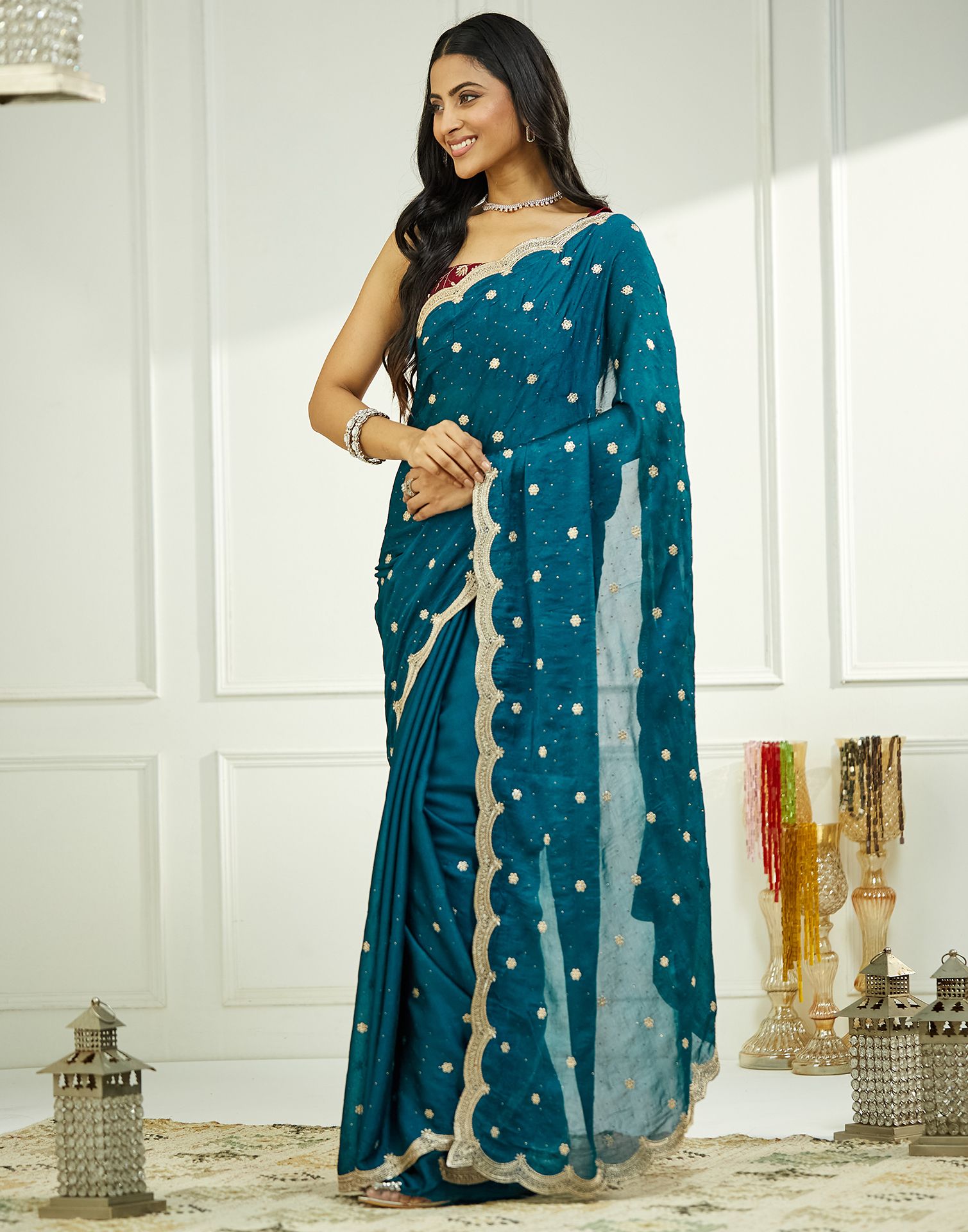 Teal Blue Embroidery Silk Saree