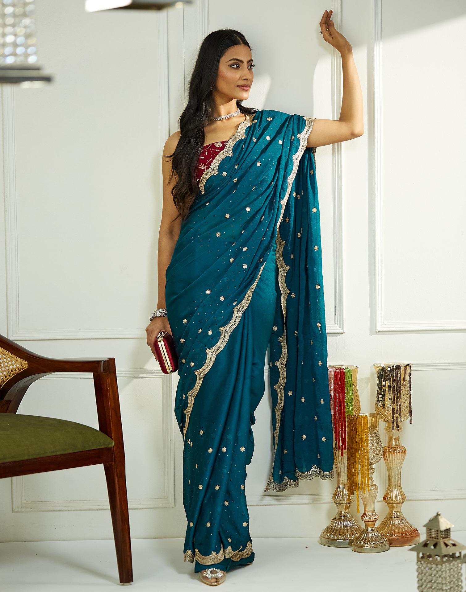 Teal Blue Embroidery Silk Saree