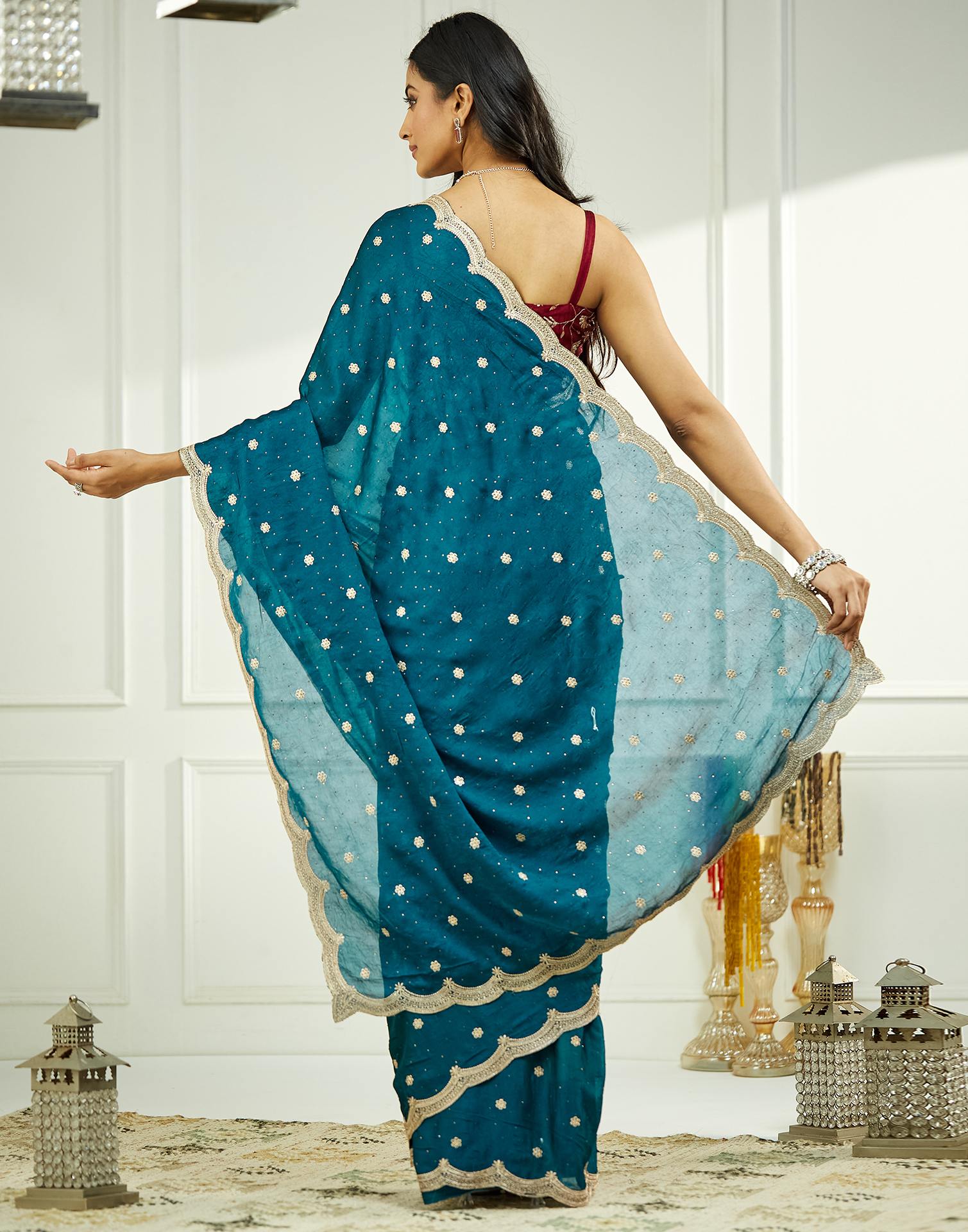 Teal Blue Embroidery Silk Saree