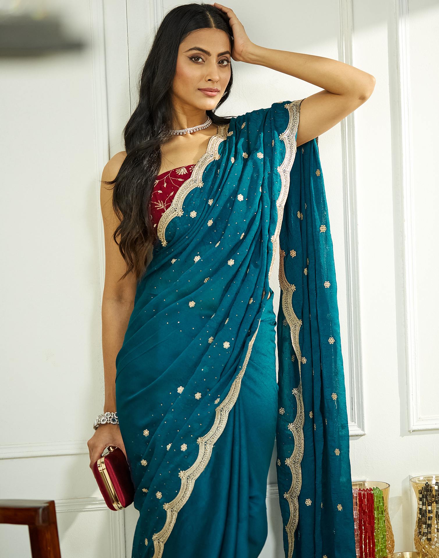 Teal Blue Embroidery Silk Saree
