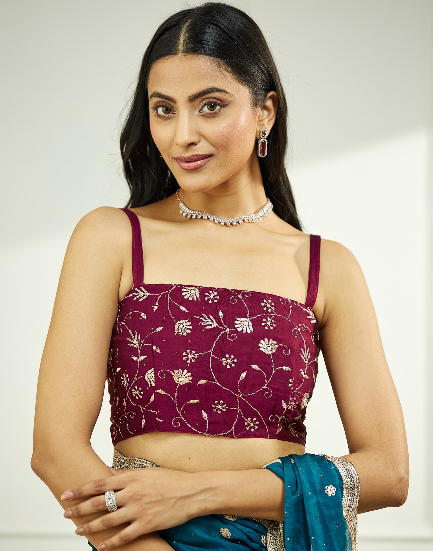 Teal Blue Embroidery Silk Saree