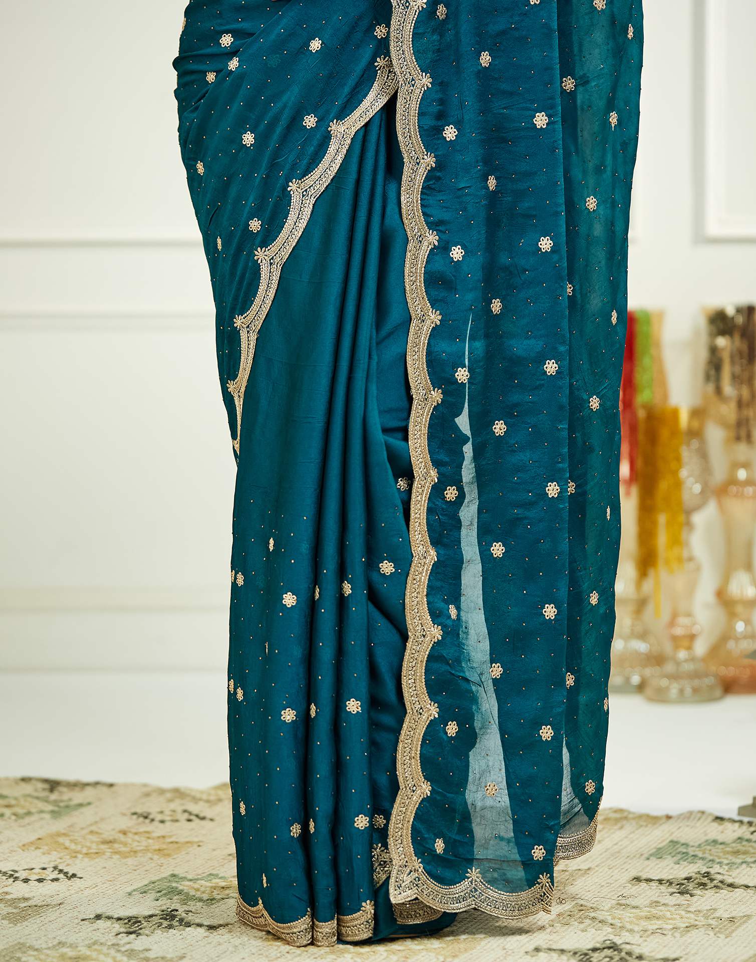 Teal Blue Embroidery Silk Saree