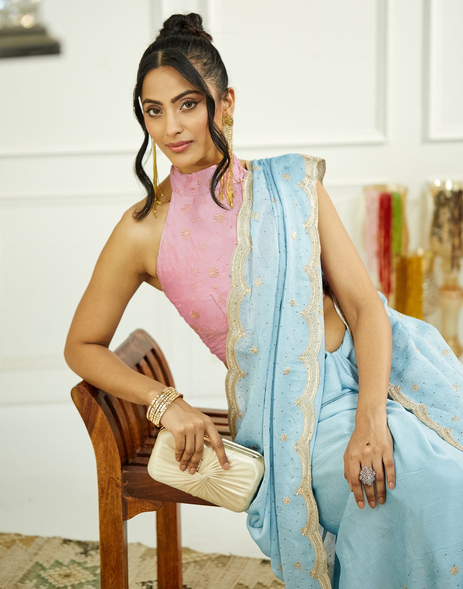 Light Blue Embroidery Silk Saree