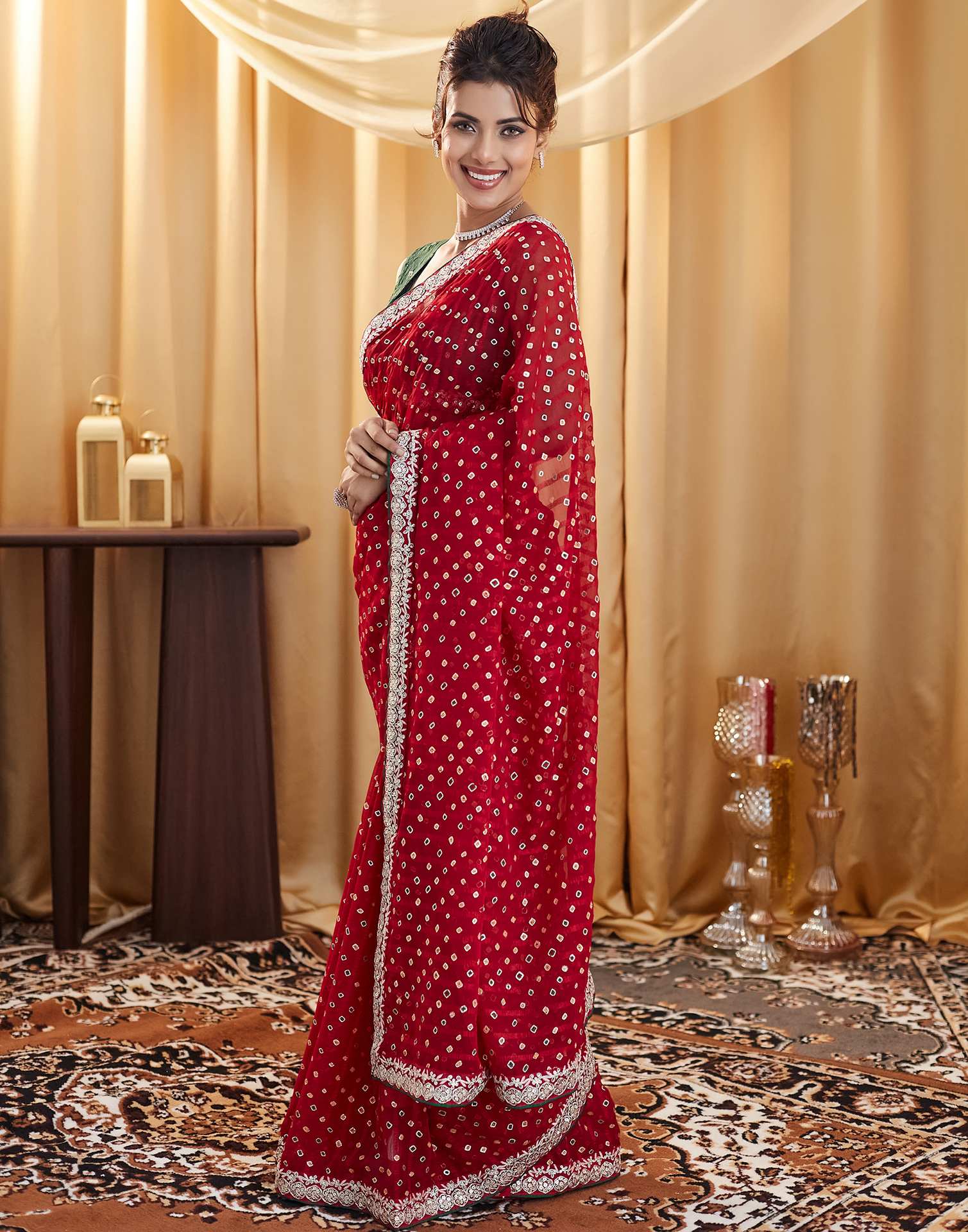 Red Bandhani Printed Georgette Saree