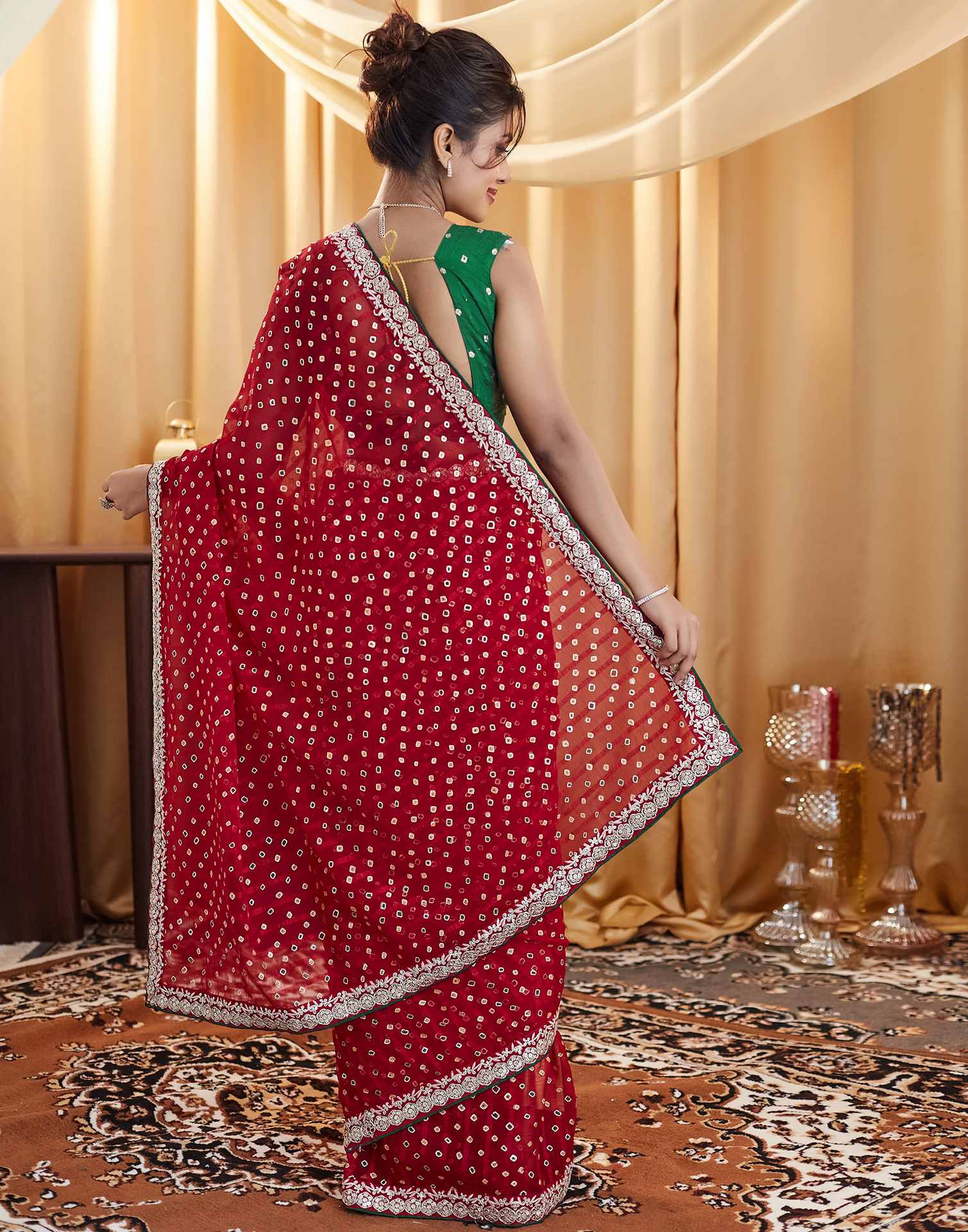 Red Bandhani Printed Georgette Saree