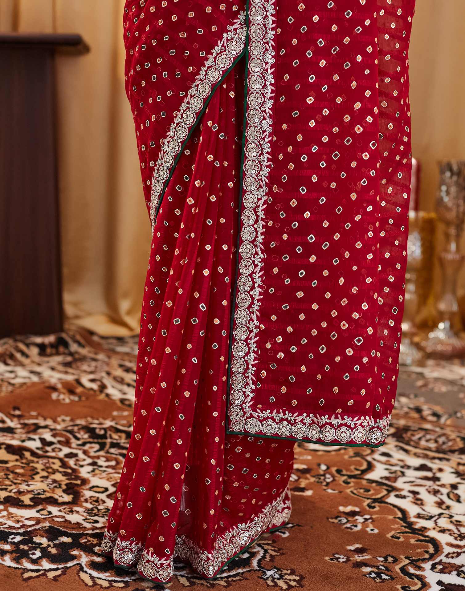 Red Bandhani Printed Georgette Saree