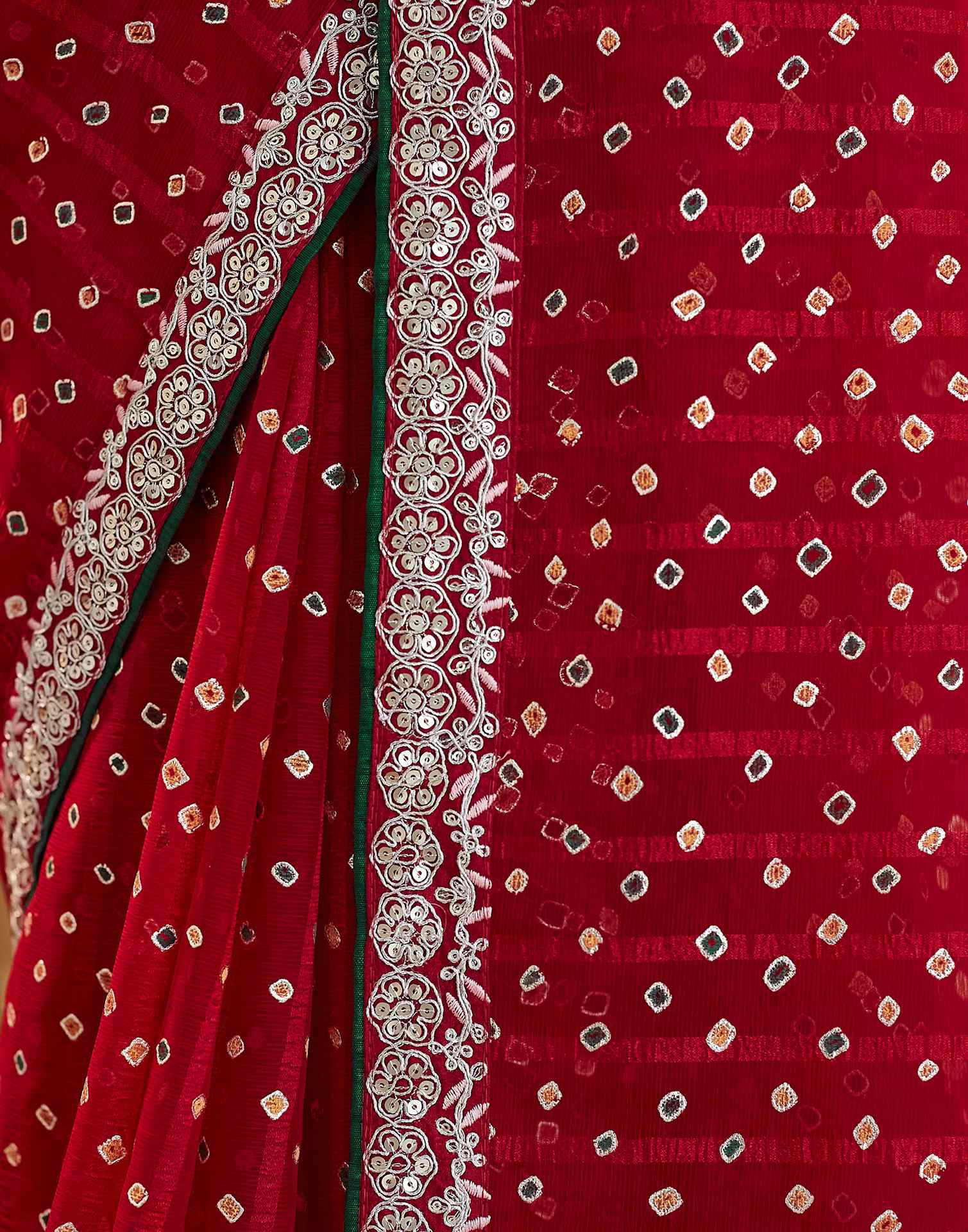 Red Bandhani Printed Georgette Saree