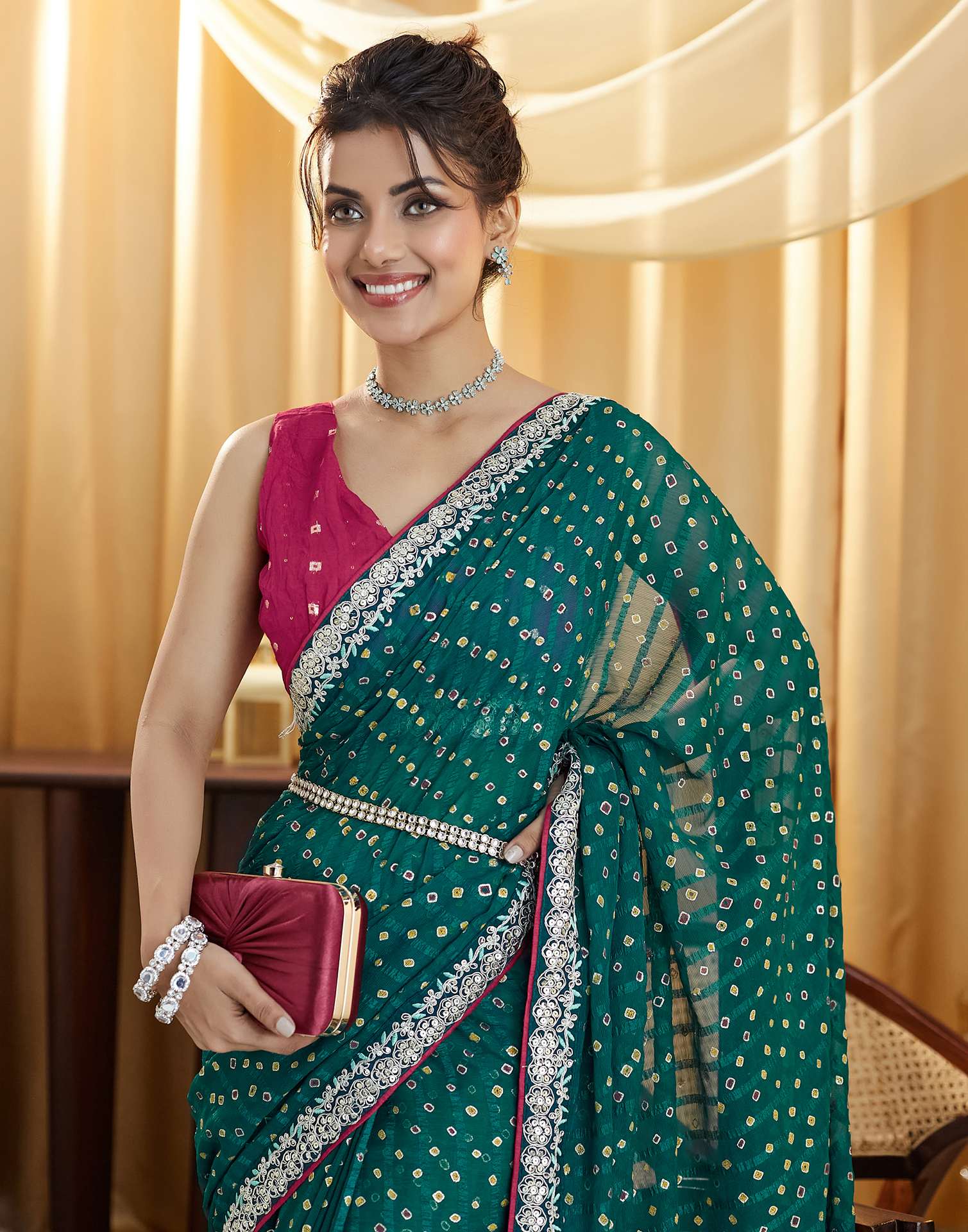 Rama Green Bandhani Printed Georgette Saree