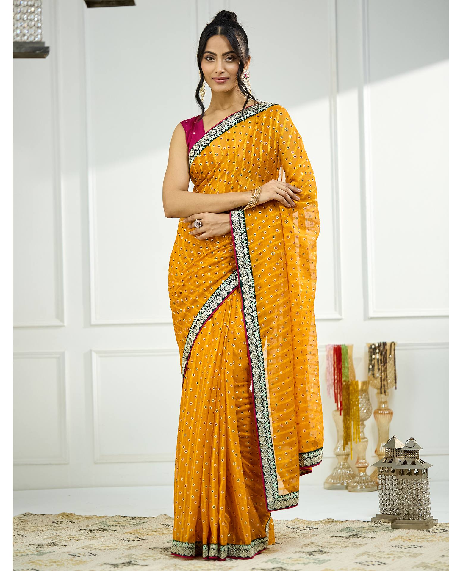 Turmeric Yellow Bandhani Printed Georgette Saree