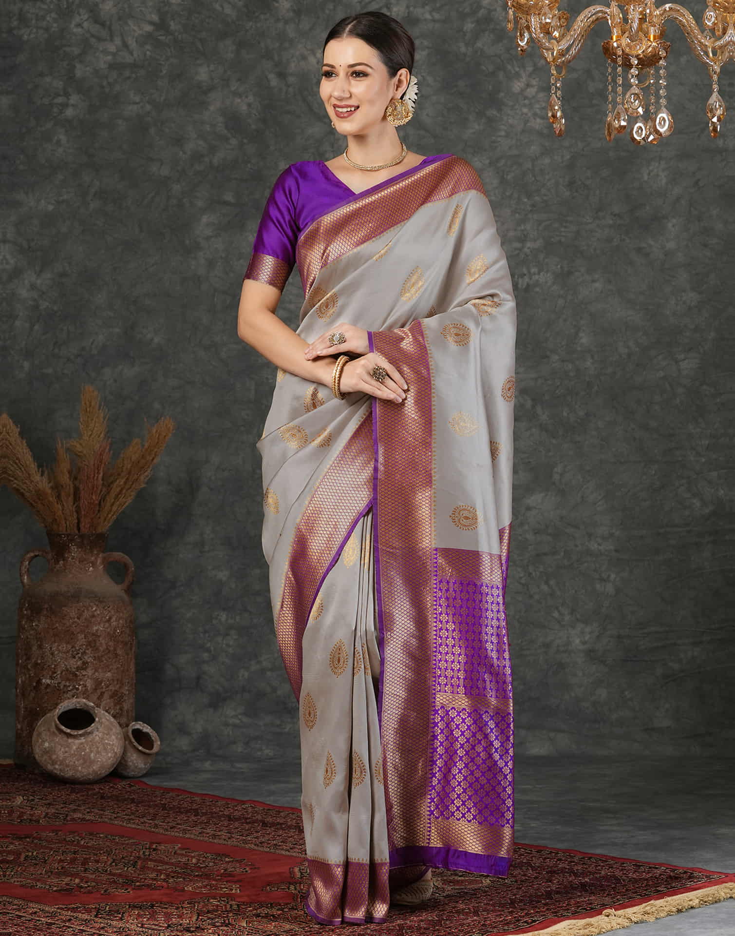Grey Silk Woven Banarasi Saree